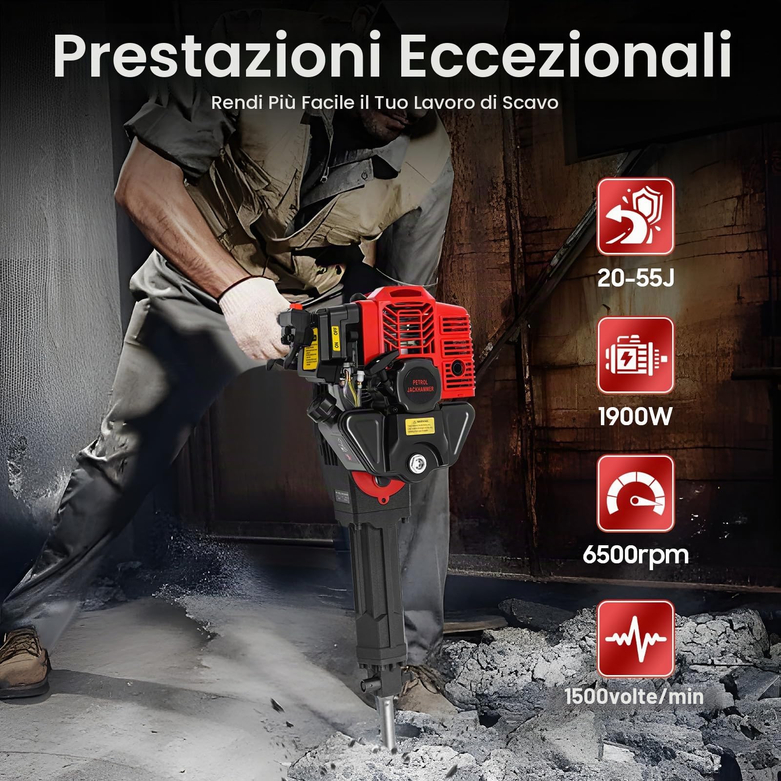 Macchina per scavo albero da 1900 W con motore a benzina, escavatore portatile con motore a benzina, martello demolitore a benzina, albero escavatore con guanti e occhiali protettivi, 6500 r/min