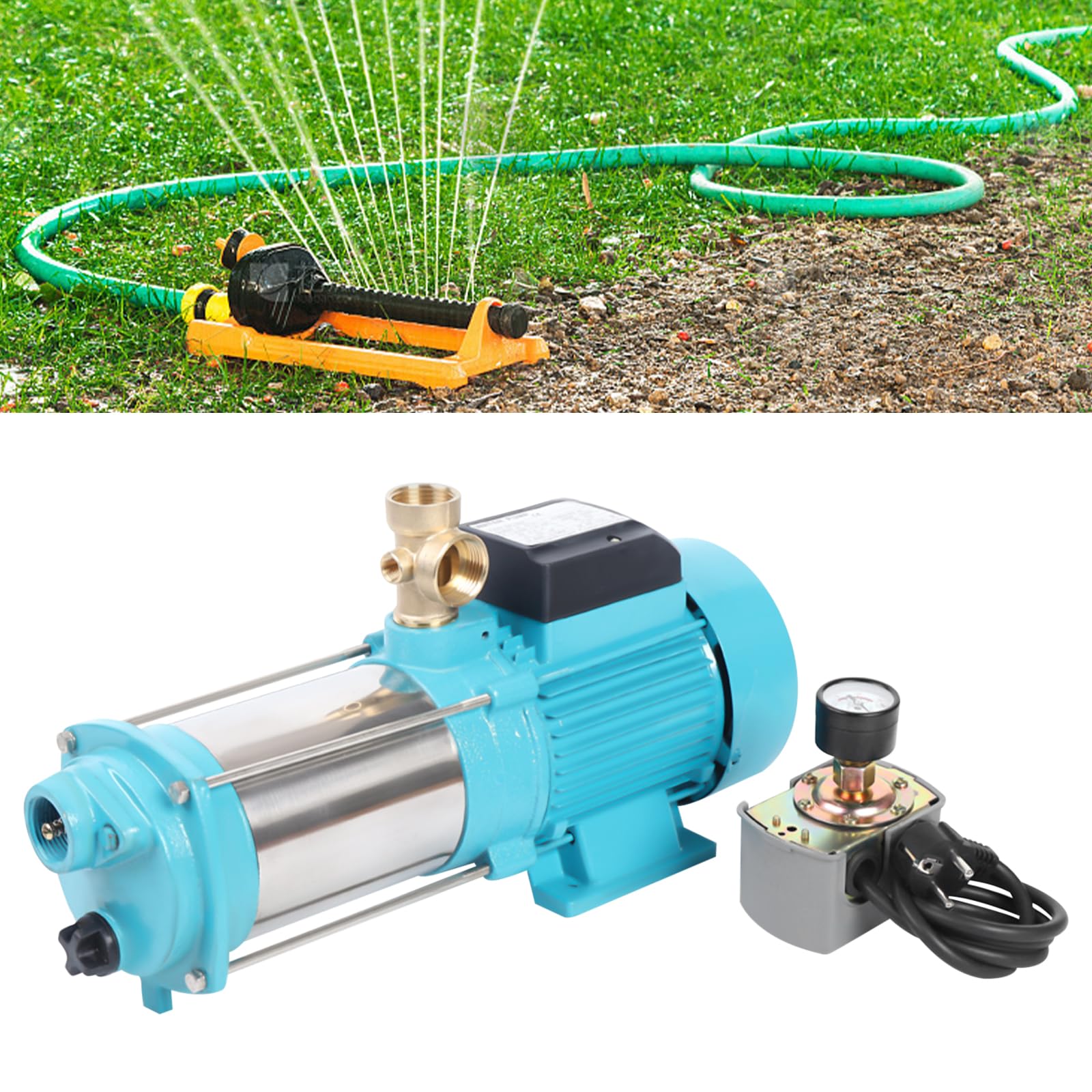 Pompe centrifuge de jardin 1300 W - En acier inoxydable - Avec manomètre - Interrupteur de pression - Disjoncteur de protection du moteur - Pompe centrifuge à 5 niveaux - Pression maximale : 9,8 bar -