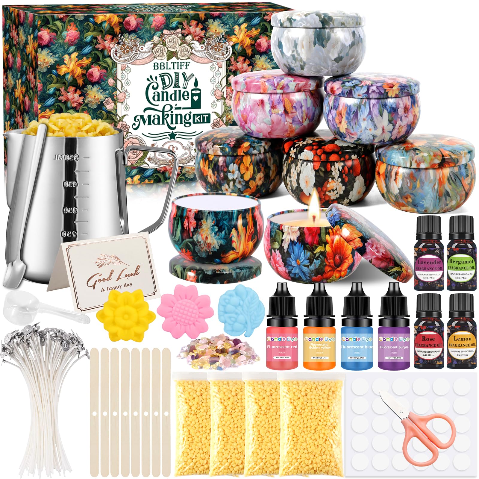 BBLTIFF Kit para Hacer Velas, Kit de Fabricación para Velas, Kit Velas Aromaticas Fabricacion, Incluye 480g Cera de Soja, 8 Latas de Velas, 4 Colores, 4 Aromas, 30 Mechas ¡y Mucho Más