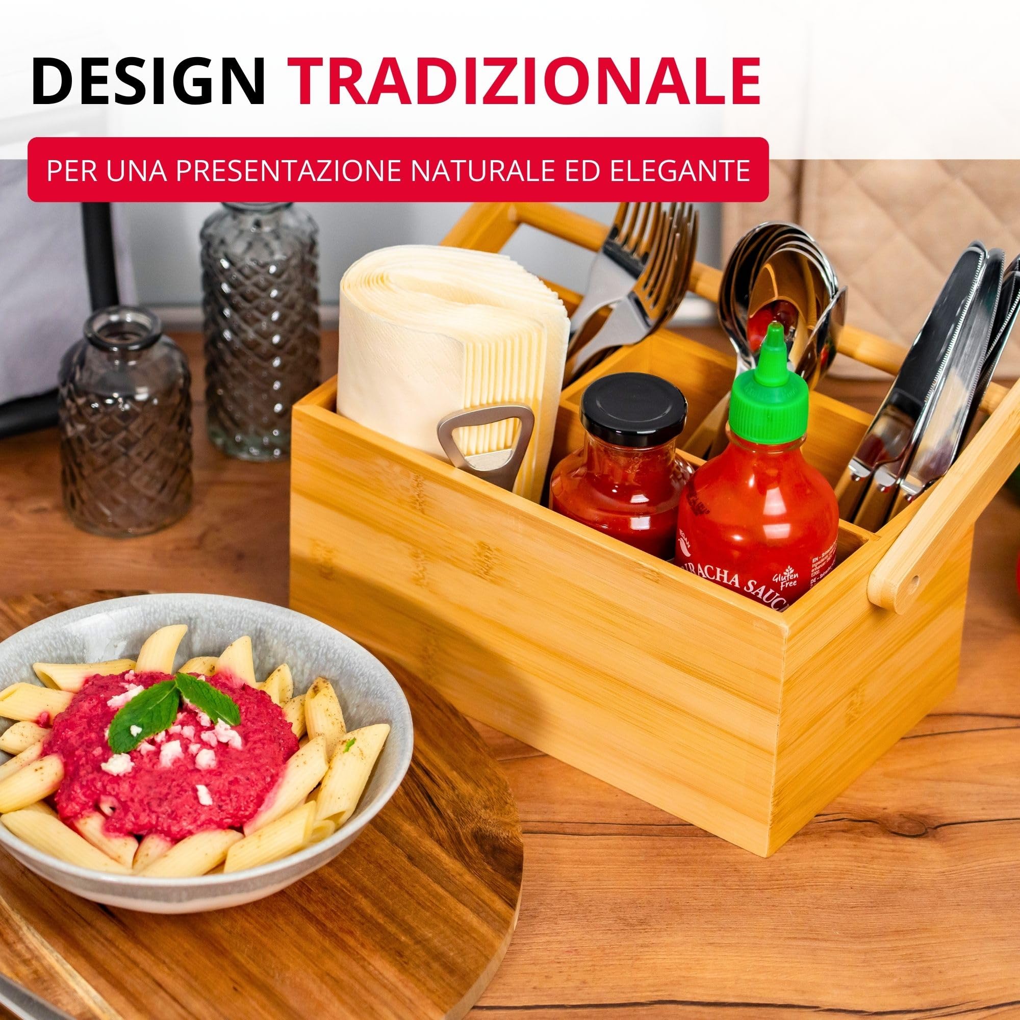 Westmark Cestino portaoggetti da cucina, 4 scomparti, Con maniglia, Dimensioni: 28 x 15 x 22 cm, Bambù, Tapas + Friends, Marrone chiaro, 69802270