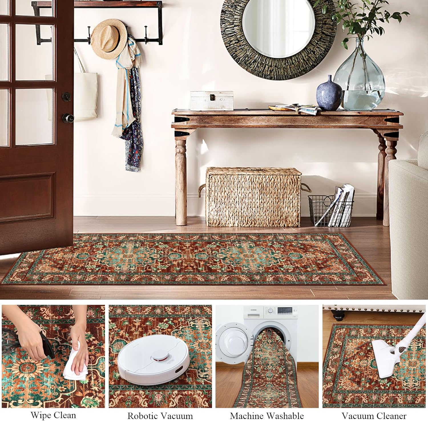 U'Artlines 2' x 6' Boho Hallway Runner Rug, Non Slip Washable Vintage Farmhouse Accent Area Rug Carpet for Kitchen Entryway Laundry and Living Room (Rust&Teal) - Image 5