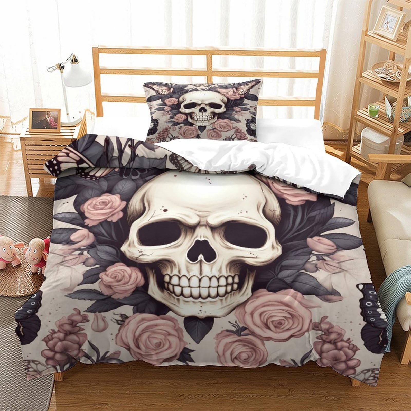 P1S9U7W5Y 3D Printed Skull Rose Duvet Cover Set 3pcs Microfiber Skull Floral Bedding Set Single