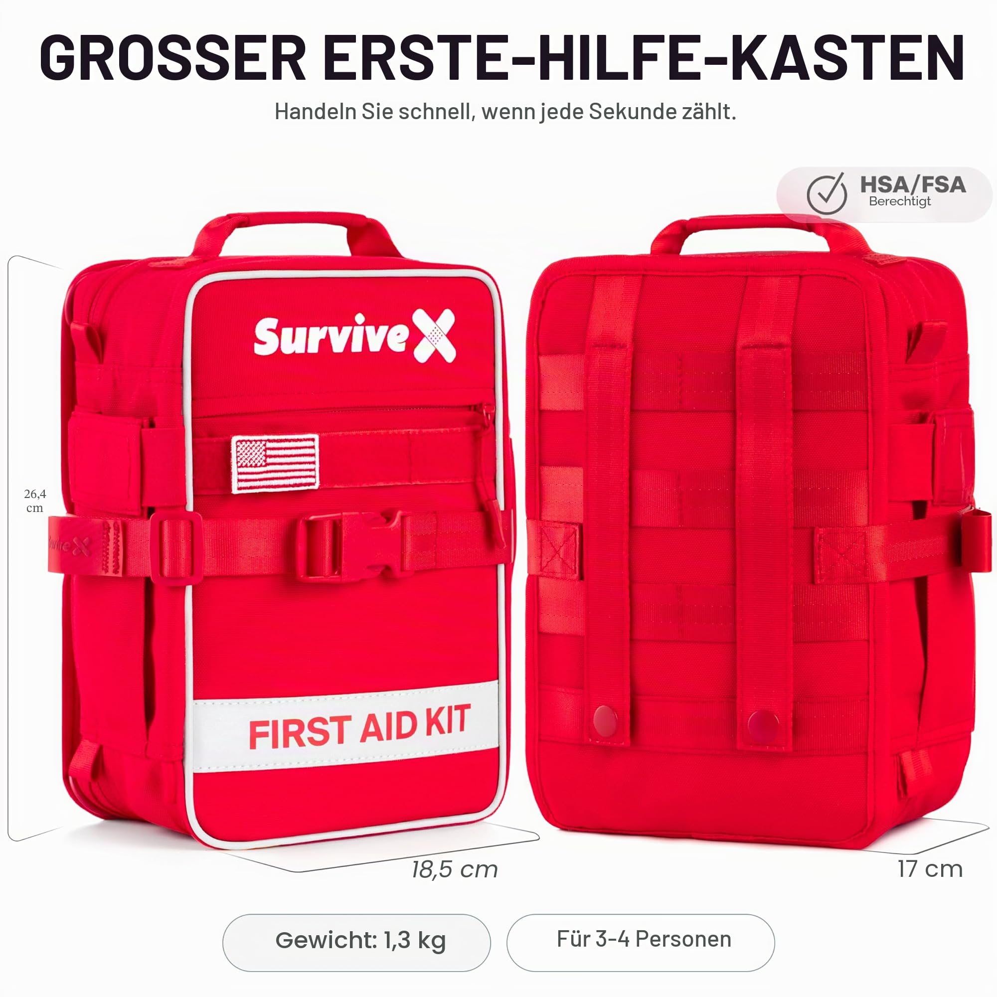 SurviveX Großes Erste-Hilfe-Set für Auto, Reisen & Zuhause – Notfall-Set für Wandern, Camping, Rucksackreisen und Outdoor – inklusive Reißverschluss-Stich-Wundverschlussstreifen