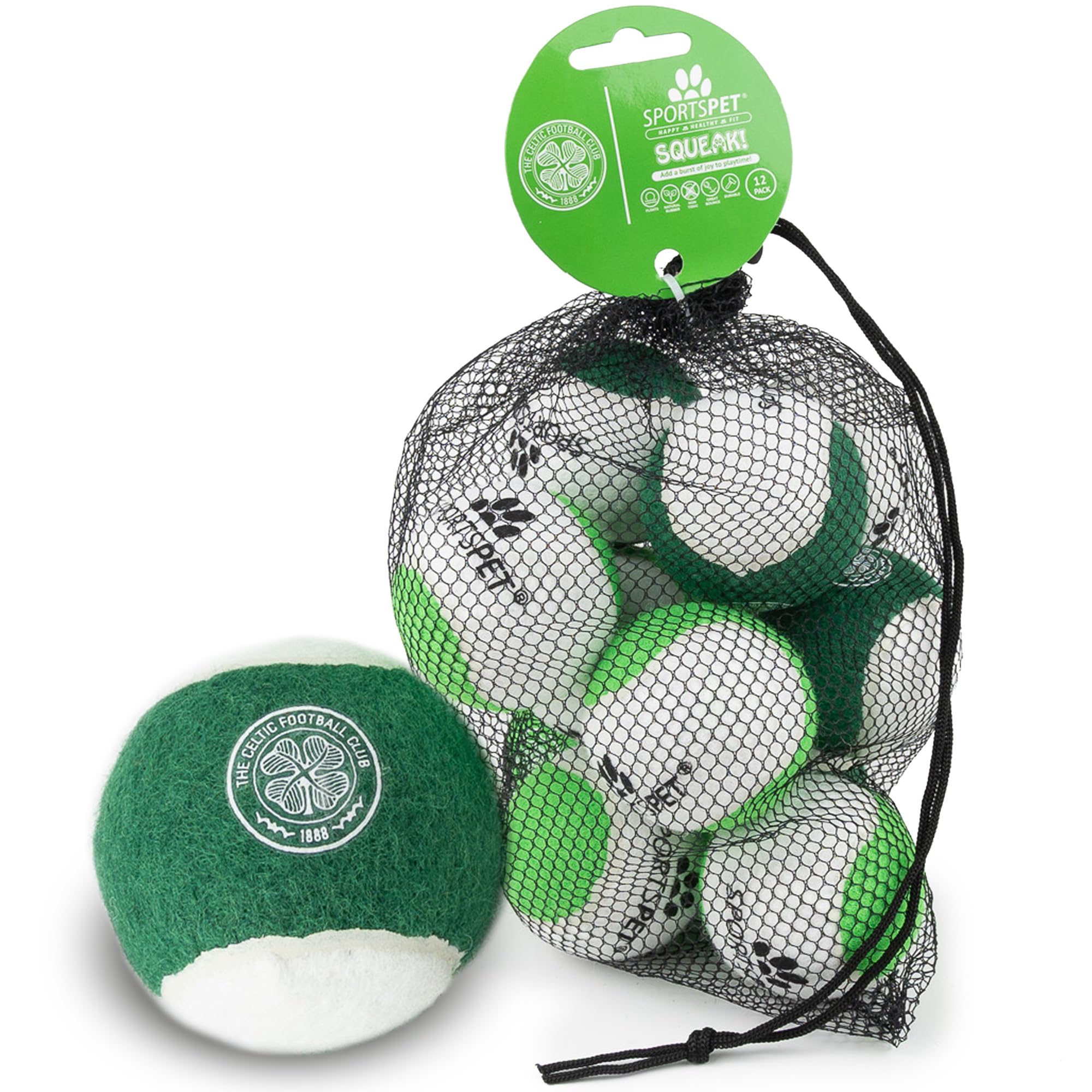 SPORTSPET x Celtic SQUEAK! Tennis Balls for Dogs, Green, White, 64mm