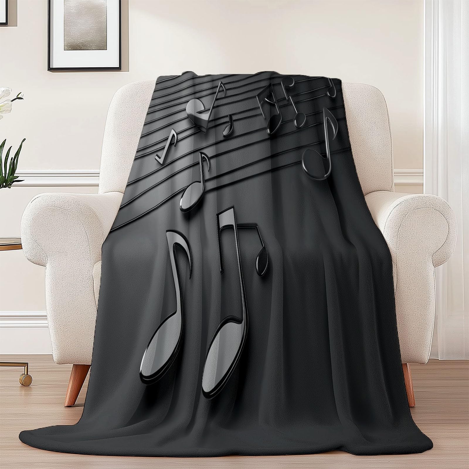 Manta de franela con diseño de música y notas musicales, rayas espectrales, símbolos, manta polar franela, suave y caliente, color negro, para niños, adultos, regalo para amigos, familia, sofá cama