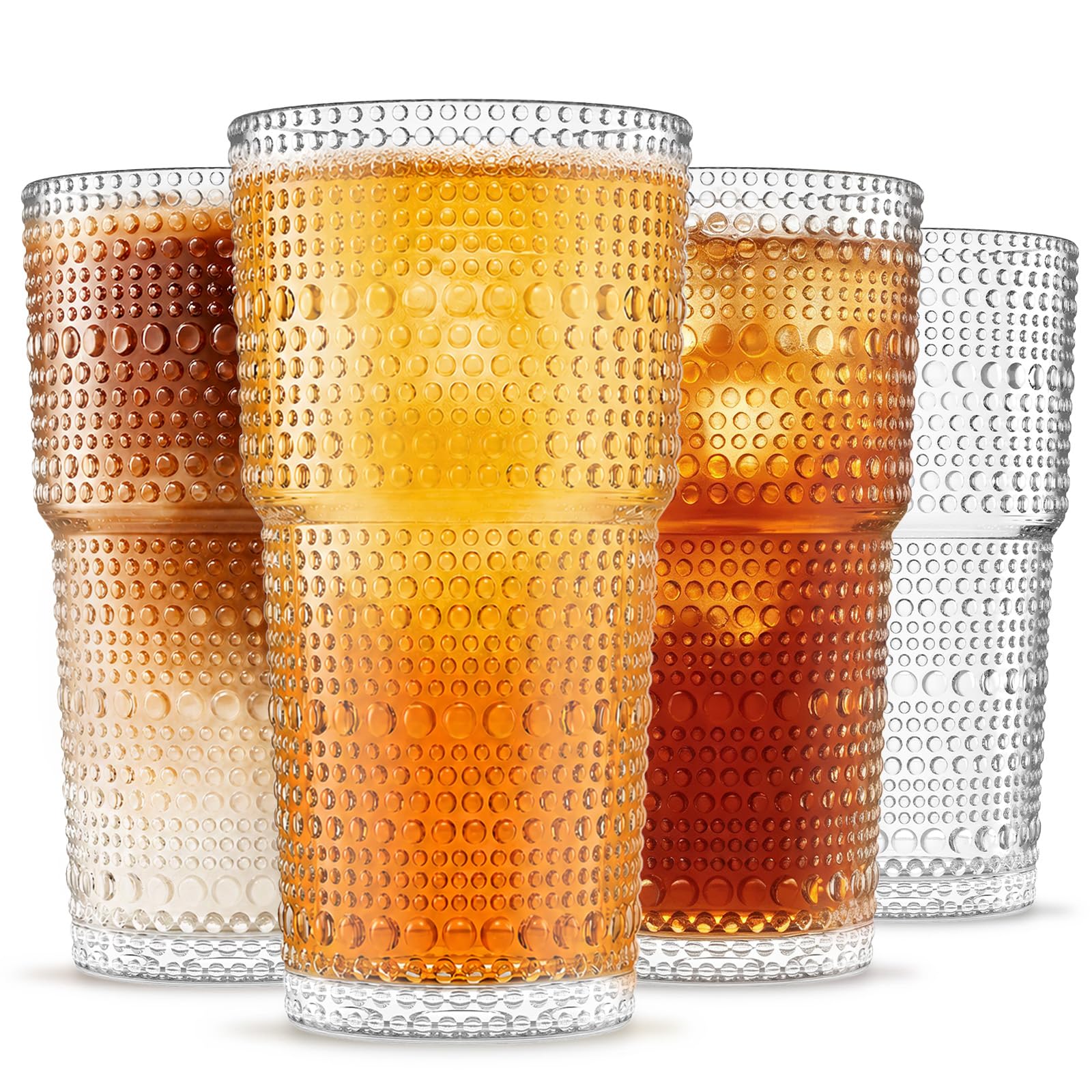 INSETLAN 600ml Hobnail Glass Cups Set of 4, Thicken Drinking Glasses, Iced Coffee Cups Glass for Cocktail, Juice, Tea, Soda & Smoothie, Dishwasher Safe Glass Tumbler Set for Home, Party & Camping