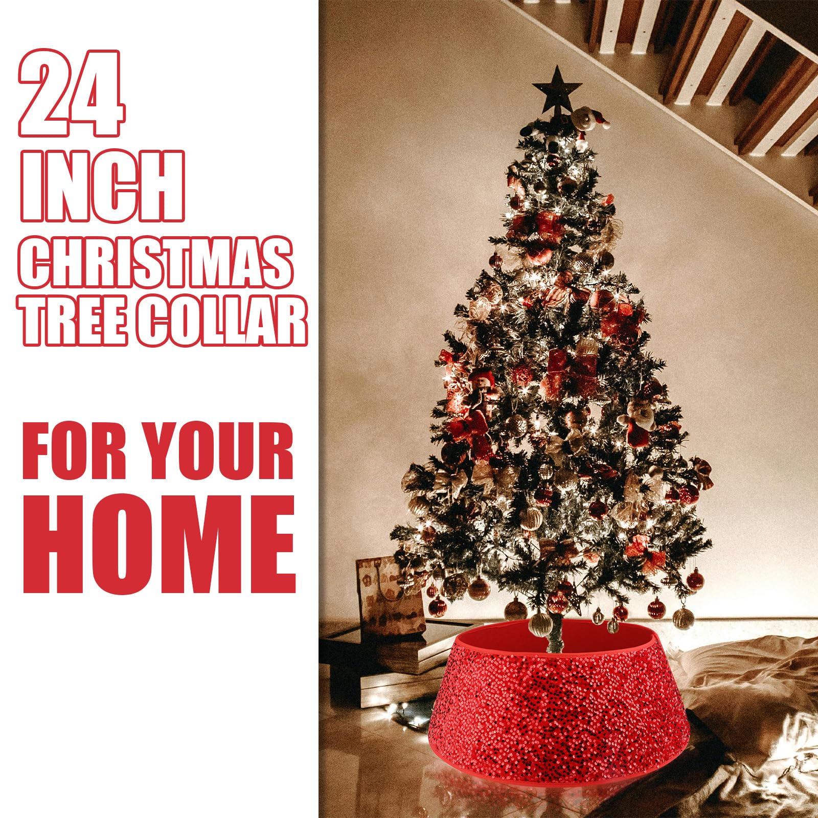 Gonna Per Albero Di Natale Con Paillettes Rosse, Copertura Per Base Albero Di Natale Anello Decorativo Per Albero Di Natale 55 X 72 X 25 Cm 98363714