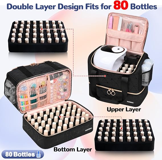 Nail Polish Organizer Holds 80 Bottles (15ml/0.5 fl.oz)& Nail Lamp, PU Leather Nail Organizers and Storage Bag with Shoulder Strap, Portable Nail Supplies Kit Organizer Carrying Case (Black)