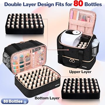Nail Polish Organizer Holds 80 Bottles (15ml/0.5 fl.oz)& Nail Lamp, PU Leather Nail Organizers and Storage Bag with Shoulder Strap, Portable Nail Supplies Kit Organizer Carrying Case (Black)