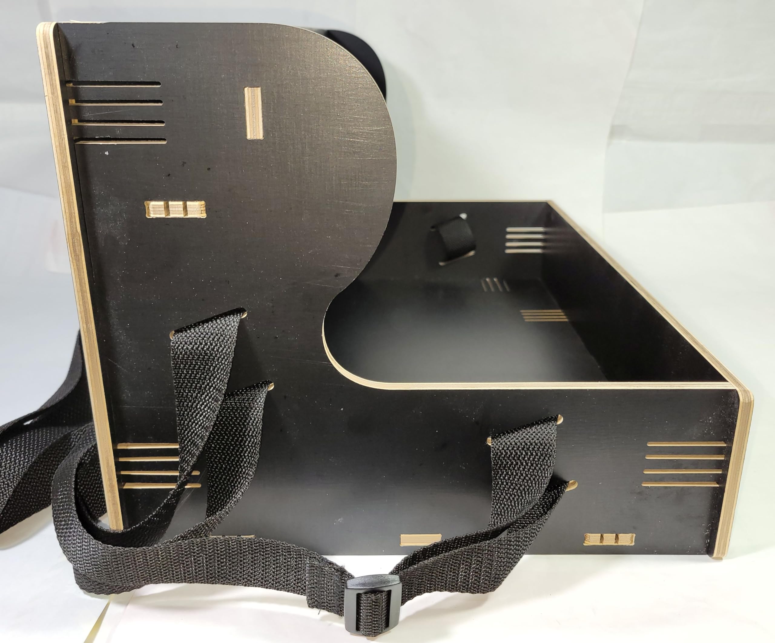 Nostalgie Holz Bauchladen schwarz/dunkelbraun mit Oberlade 2 Gurte JGA Fete Catering 42 cm x 30 cm mit schwarzen Tragegurten