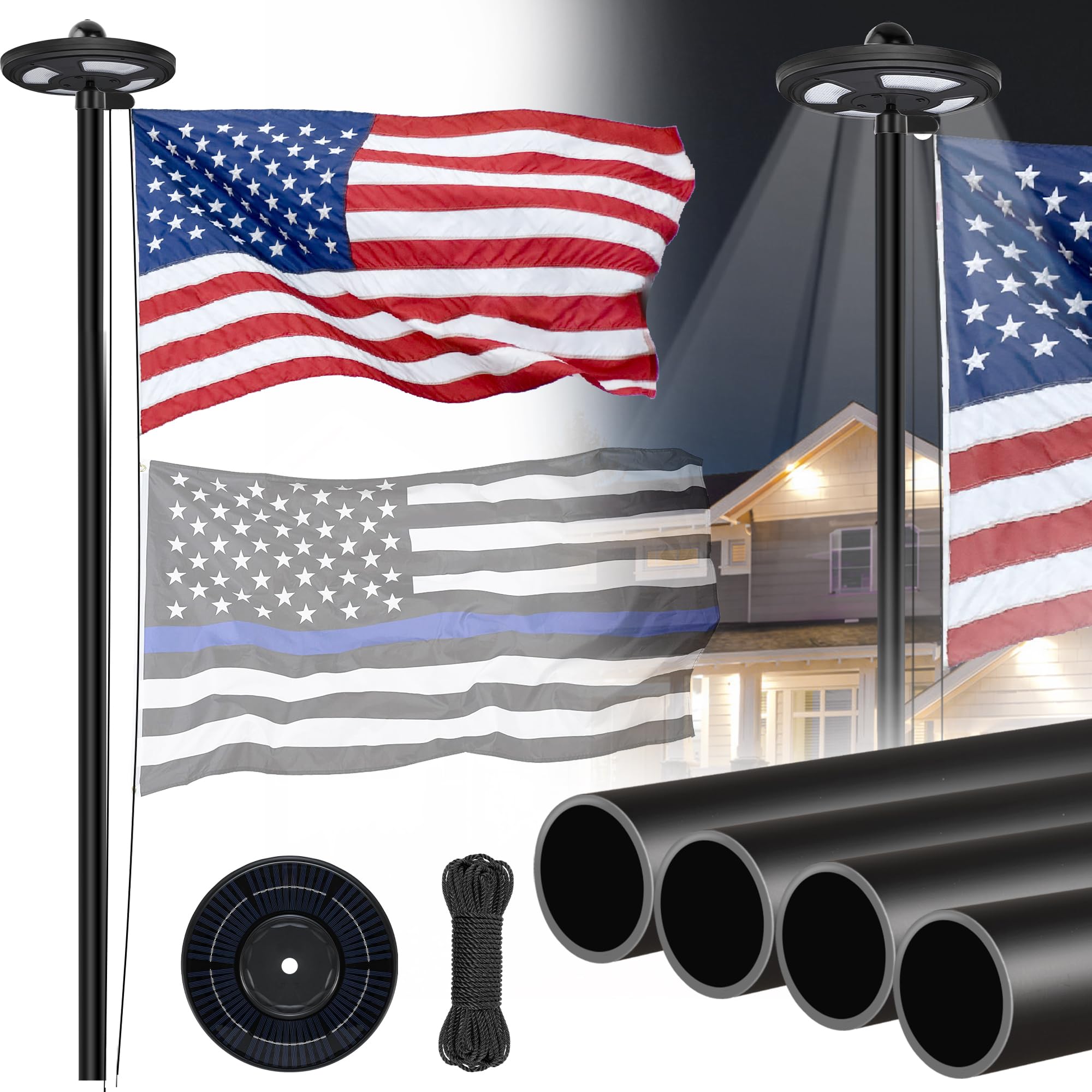 25FT Black Flag Pole Kit with Solar Light in Ground, 12 Gauge Extra Thick Aluminum Flagpole with 3x5 TearProof Embroidered American Flag and 126 LED Light,10 Hour Dusk to Dawn US Flag Set for Outdoor