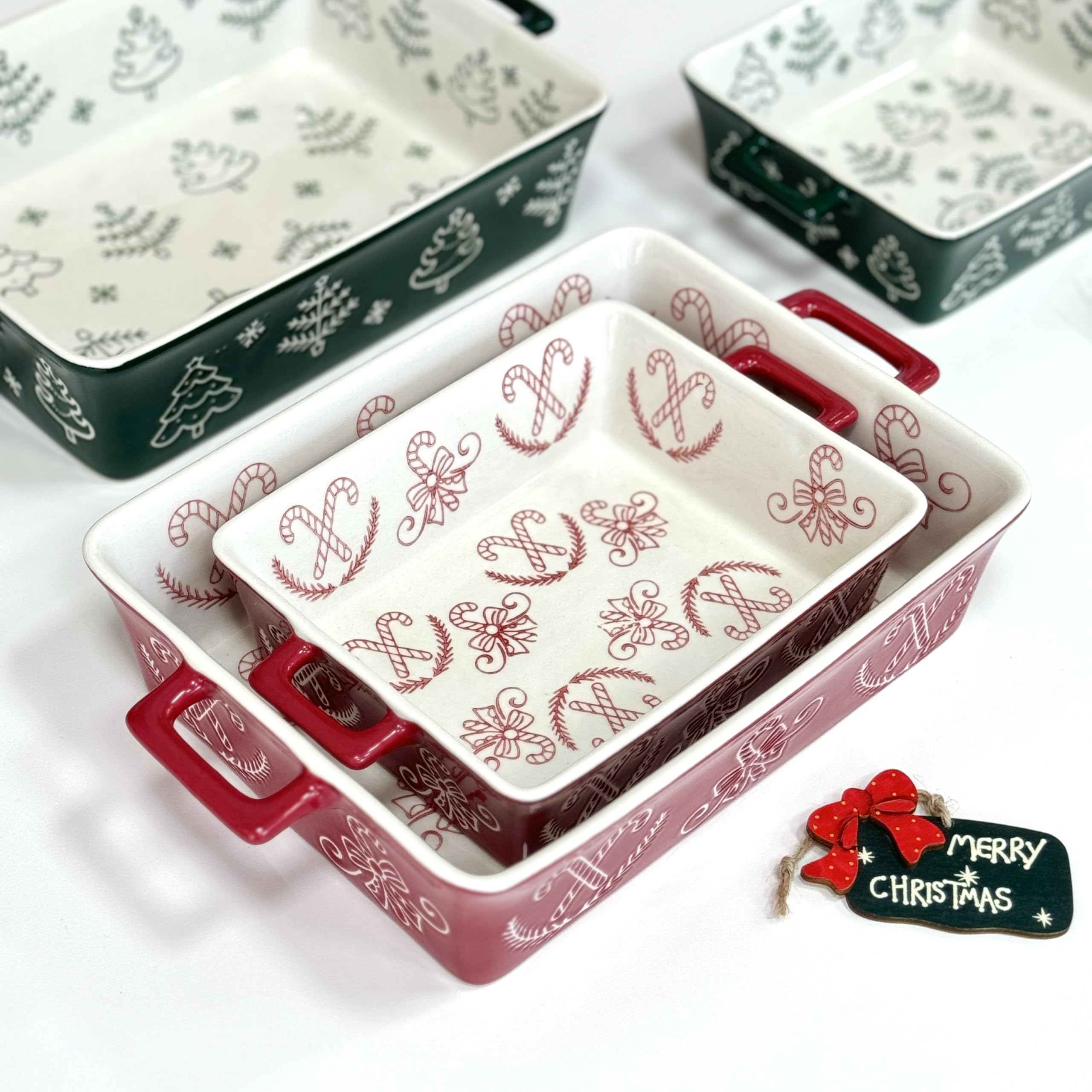 Domini Auflaufformen für den Ofen, Keramik-Backformen für den Ofen, Lasagne-Pfanne, tief, Backform-Set, quadratisch, Auflaufformen-Set mit Griffen zum Backen, Muster Rot (29 cm + 21,6 cm) Weihnachten