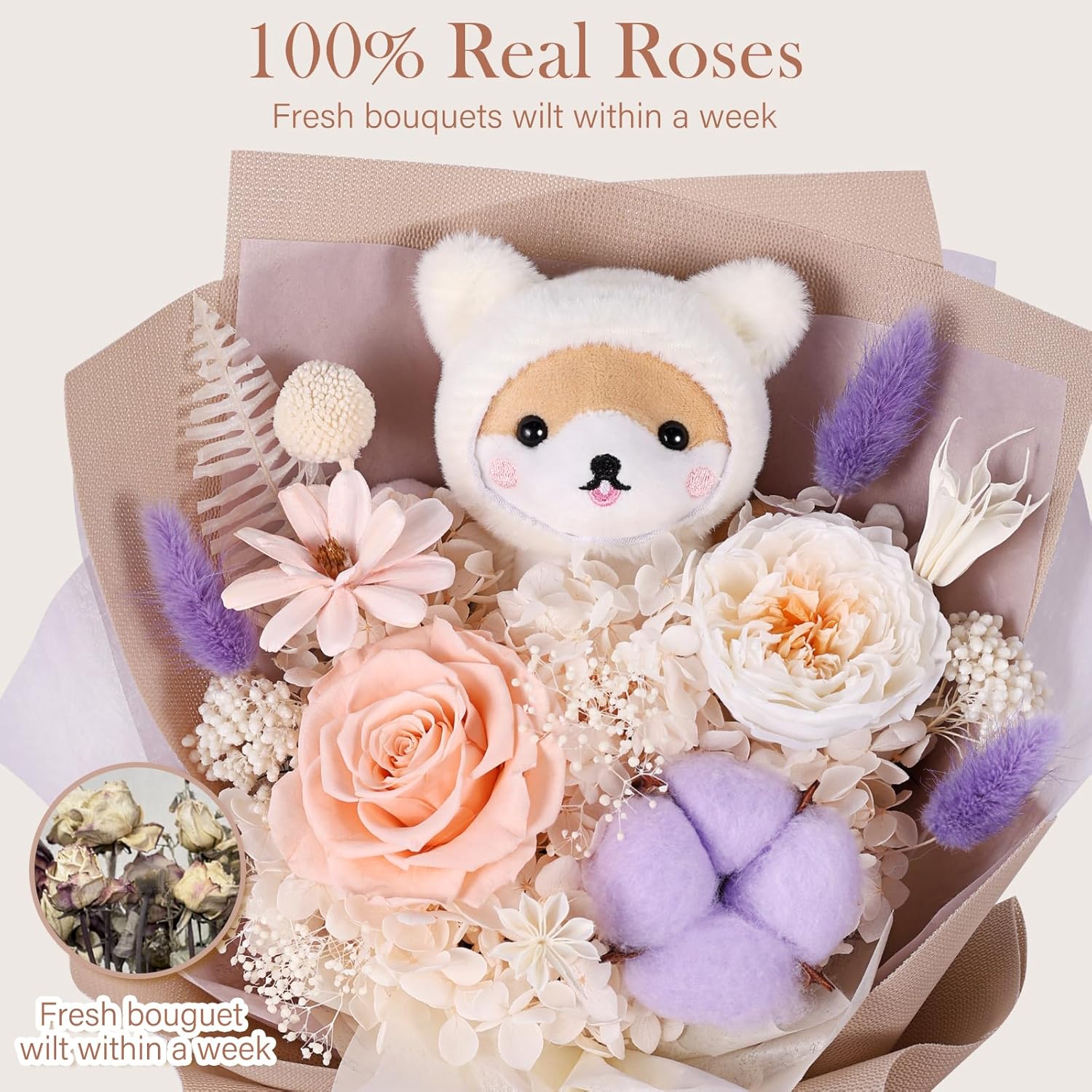 Forever Flowers Bouquet with Cute Doll - Preserved Flowers for Delivery, Real Eternal Roses Bouquet, Anniversary Birthday Valentine Gifts for Women Men Mom Grandma Her Wife Girlfriend - Image 3
