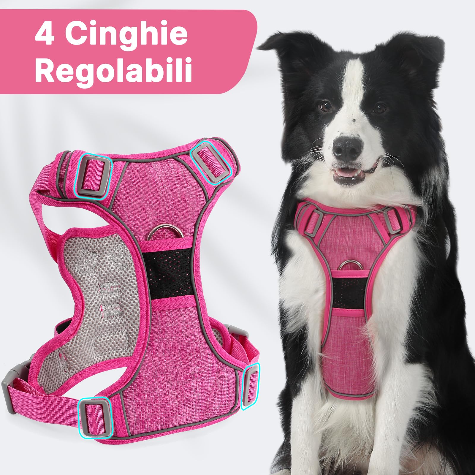 COMSLE Pettorina Cane Taglia Grande Media Piccola, Pettorina Cane ad h Riflettente, Pettorina Anti Tiro per Cani Regolabile con Doppio Anello, Imbracatura Cani Traspirante, Rosa, XL