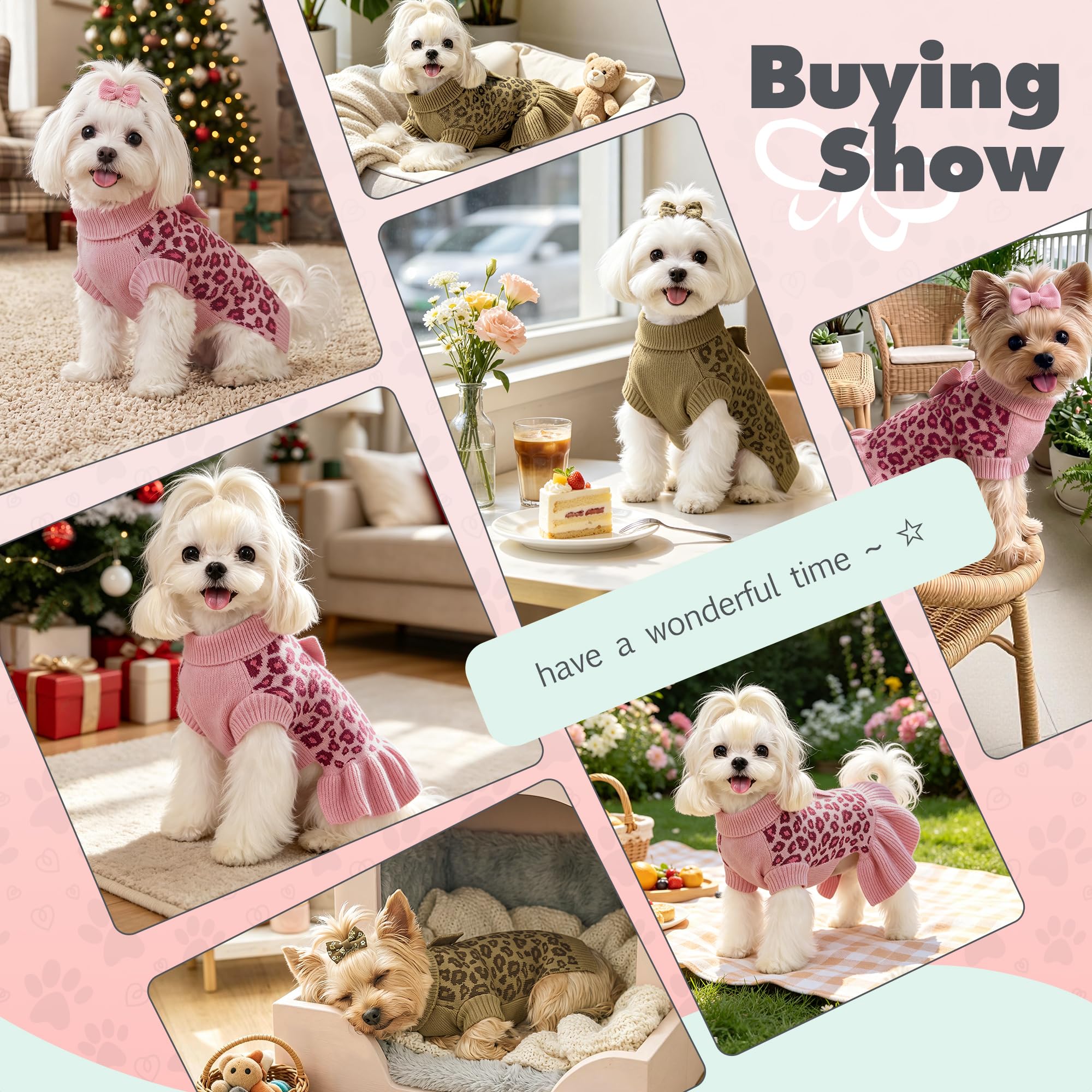 WOYYHO Hundepullover für kleine Hunde und Mädchen mit Fliege, Rollkragen, Leopardenmuster, Hundepullover mit Loch für die Leine, warm, gestrickt, Welpenpullover, Haustier, Hunde, Winterkleidung für