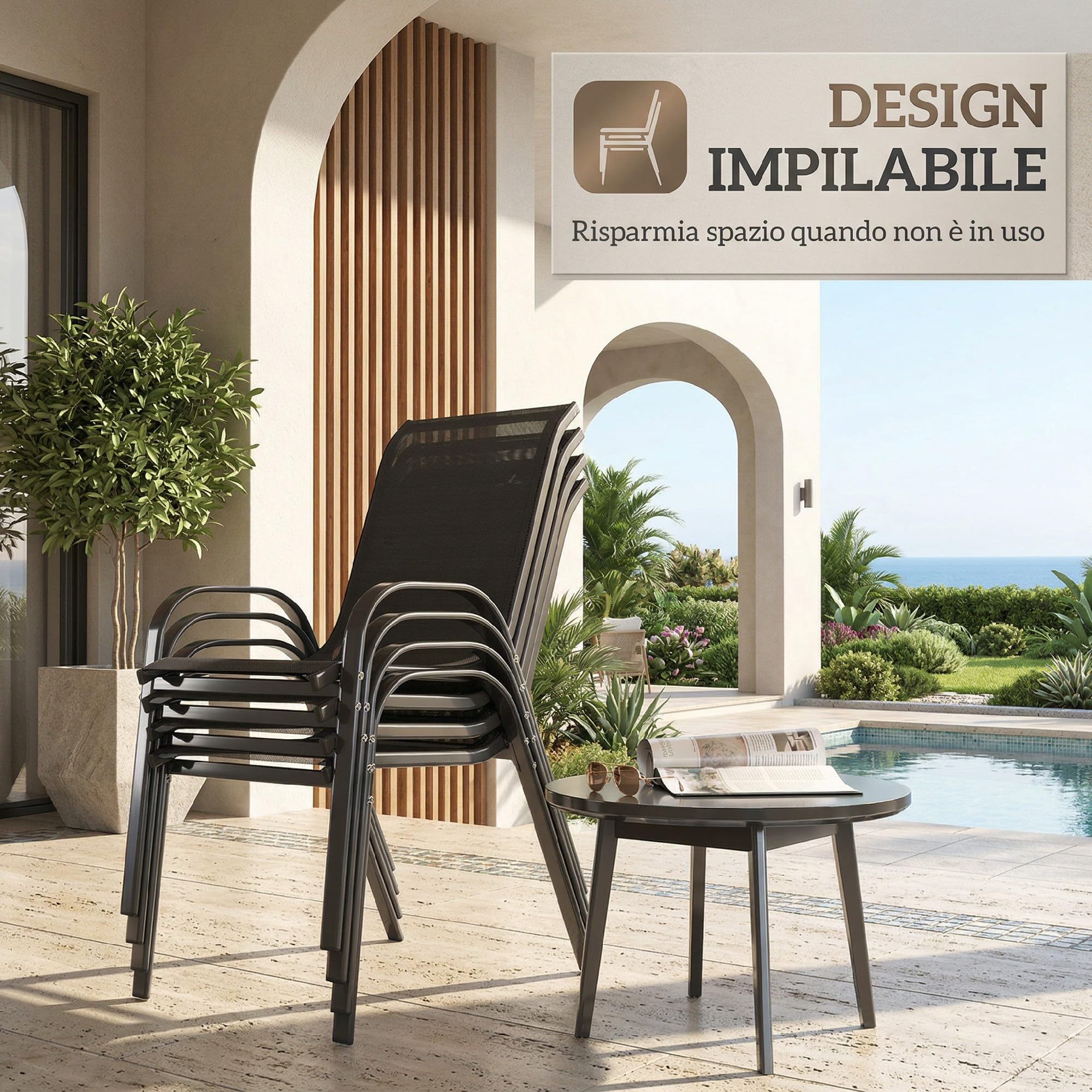 Outsunny Set 4 Sedie da Giardino Impilabili con Braccioli, Acciaio e Texteline, 54x71x93 cm Nero