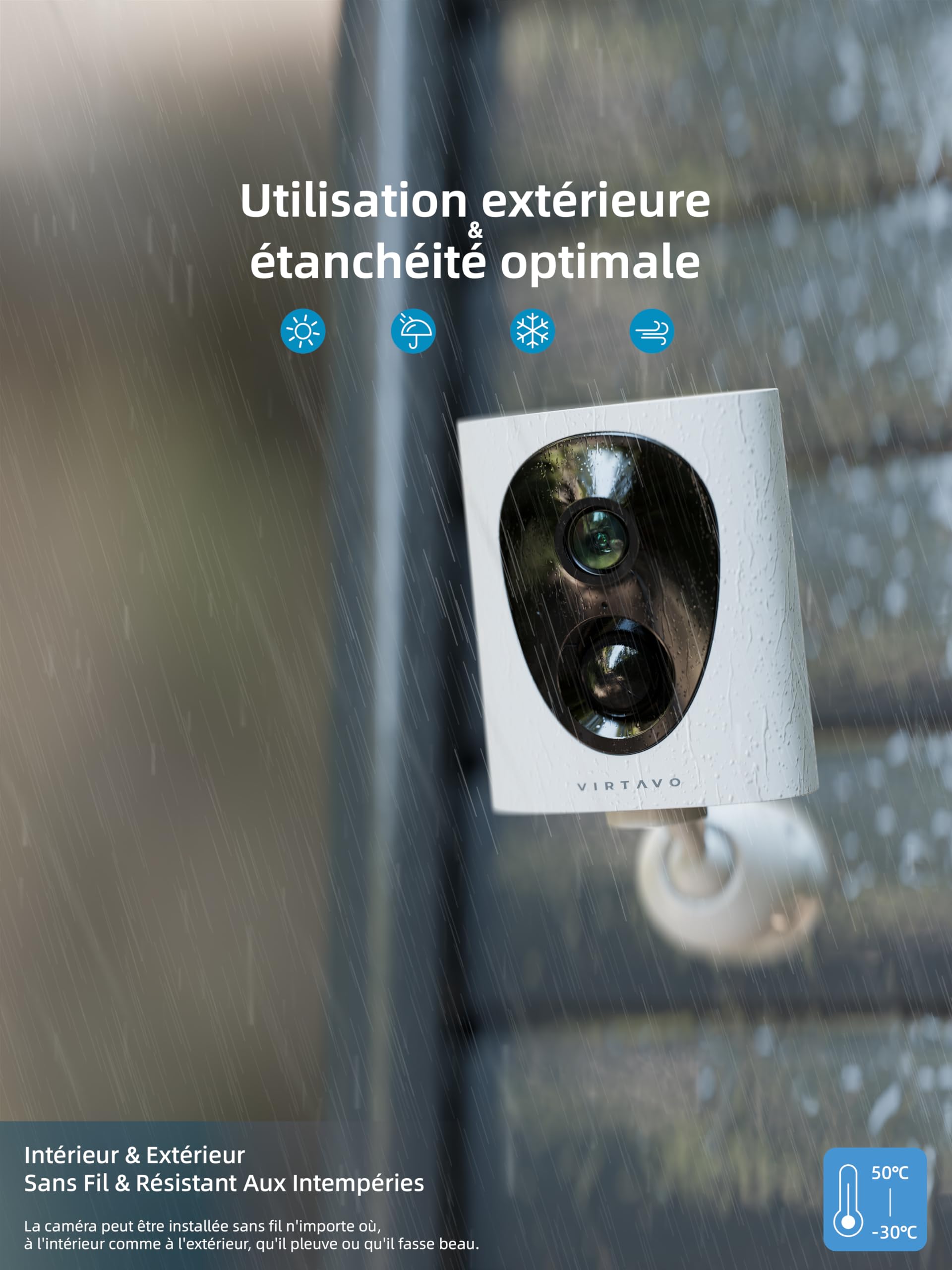 VIRTAVO Caméra Surveillance WiFi Extérieure sans Fil, 2K Caméra Extérieure, Batterie Rechargeable, Détecteur de Mouvement PIR, Alarme Maison, Vision Nocturne Couleur, Carte SD/Cloud | Détection PIR, audio bidirectionnel, Wi-Fi 2,4 GHz, sans abonnement, ut