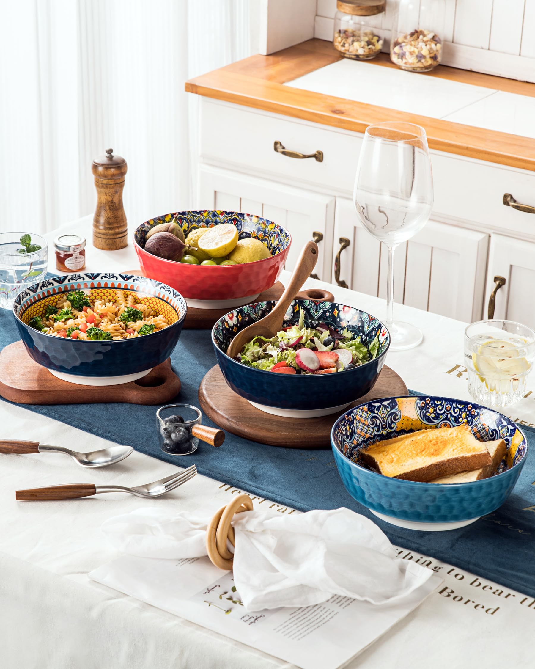 HENXFEN LEAD 2 Stück Salatschüssel aus Porzellan, 1440ml Servierschüsseln, Große Schüsseln für Nudeln, Salat, Suppe, Haferflocken usw. Bunte - Bohemian Style