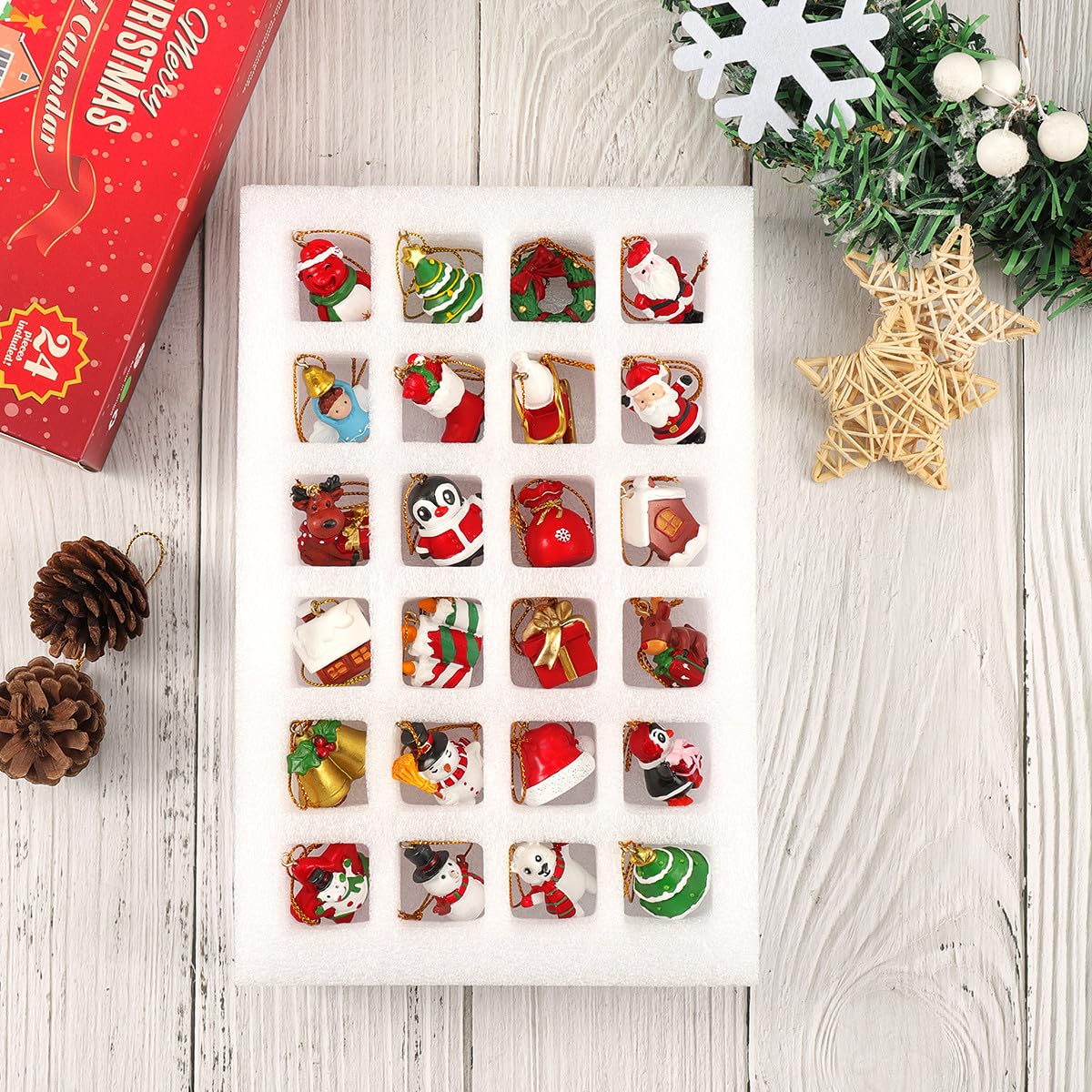 Calendario de Adviento Navideño con 24 Adornos Colgantes de Resina para Decorar Árboles y Habitaciones con Función de Cuenta Regresiva