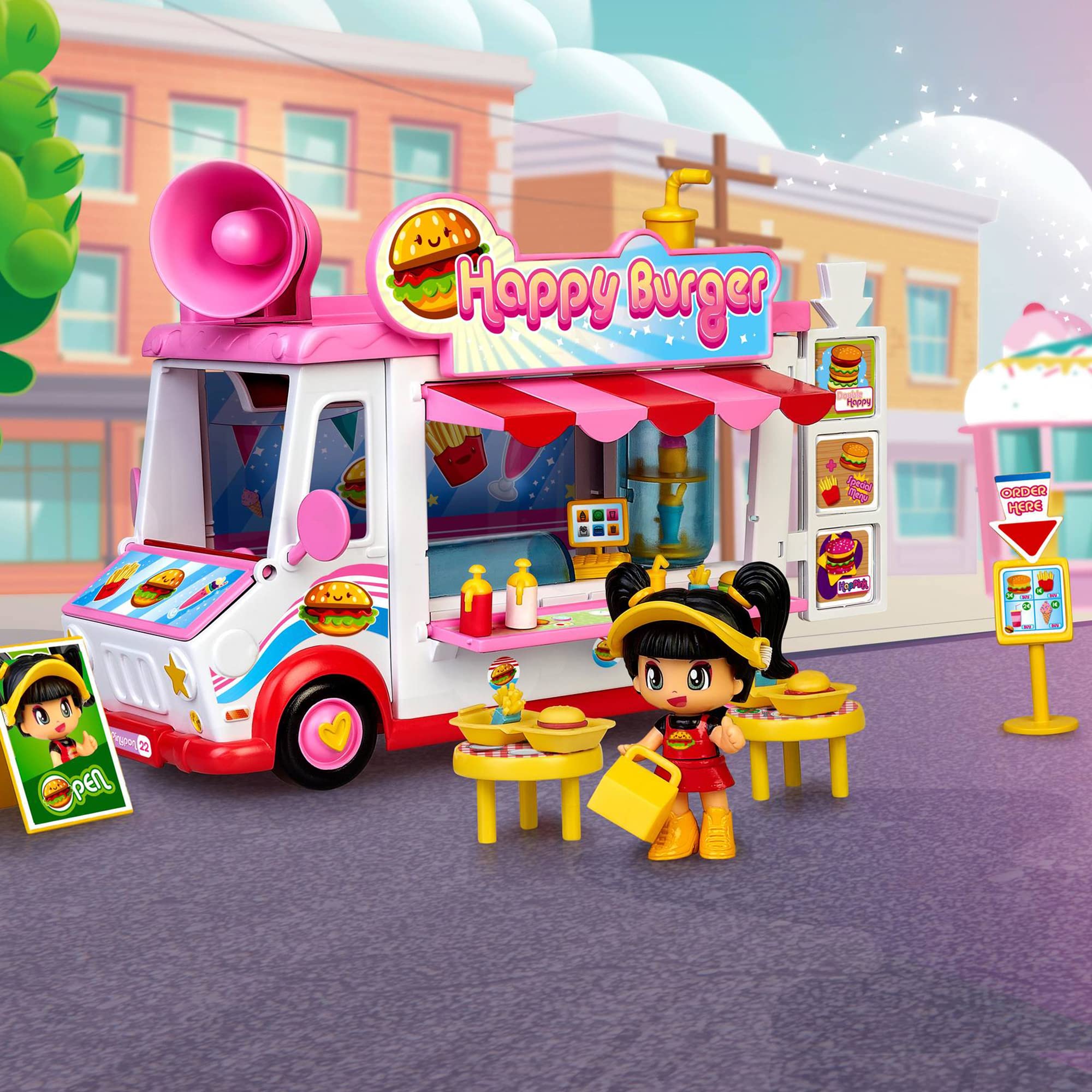 Pinypon - Happy Burger, playset Restaurante Food Truck Hamburguesas, Juguete con Posibilidades de Juego, 1 muñeco, Accesorios, y Compartimento para guardarlos, Desde 4 años, Famosa (700017210)