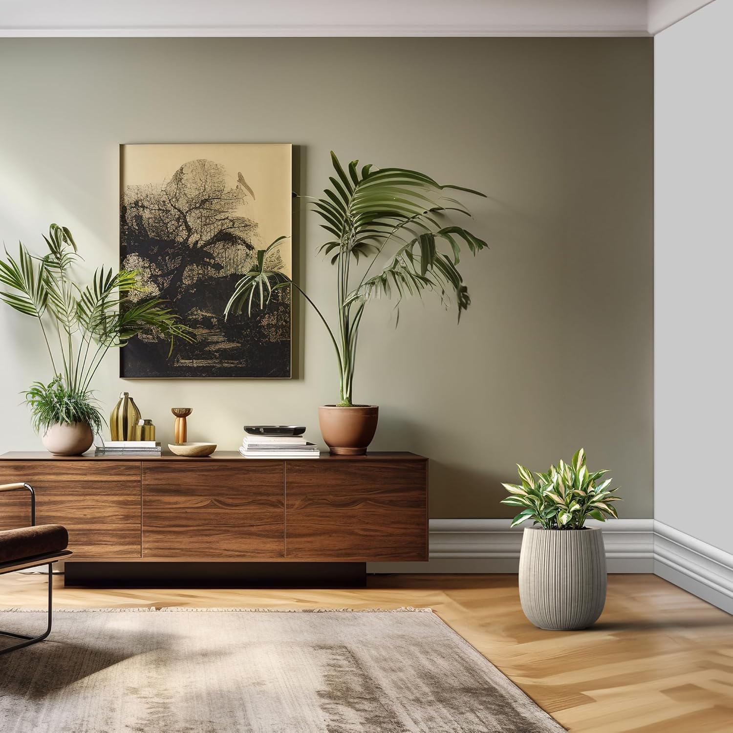 Kante 12.6" Dia x 14.6" H Round Concrete Planter, Streamlined Fluted Large Plant Pot with Drainage Hole and Rubber Plug for Home, Patio, Garden, Weathered Concrete Finish with Painted Interior