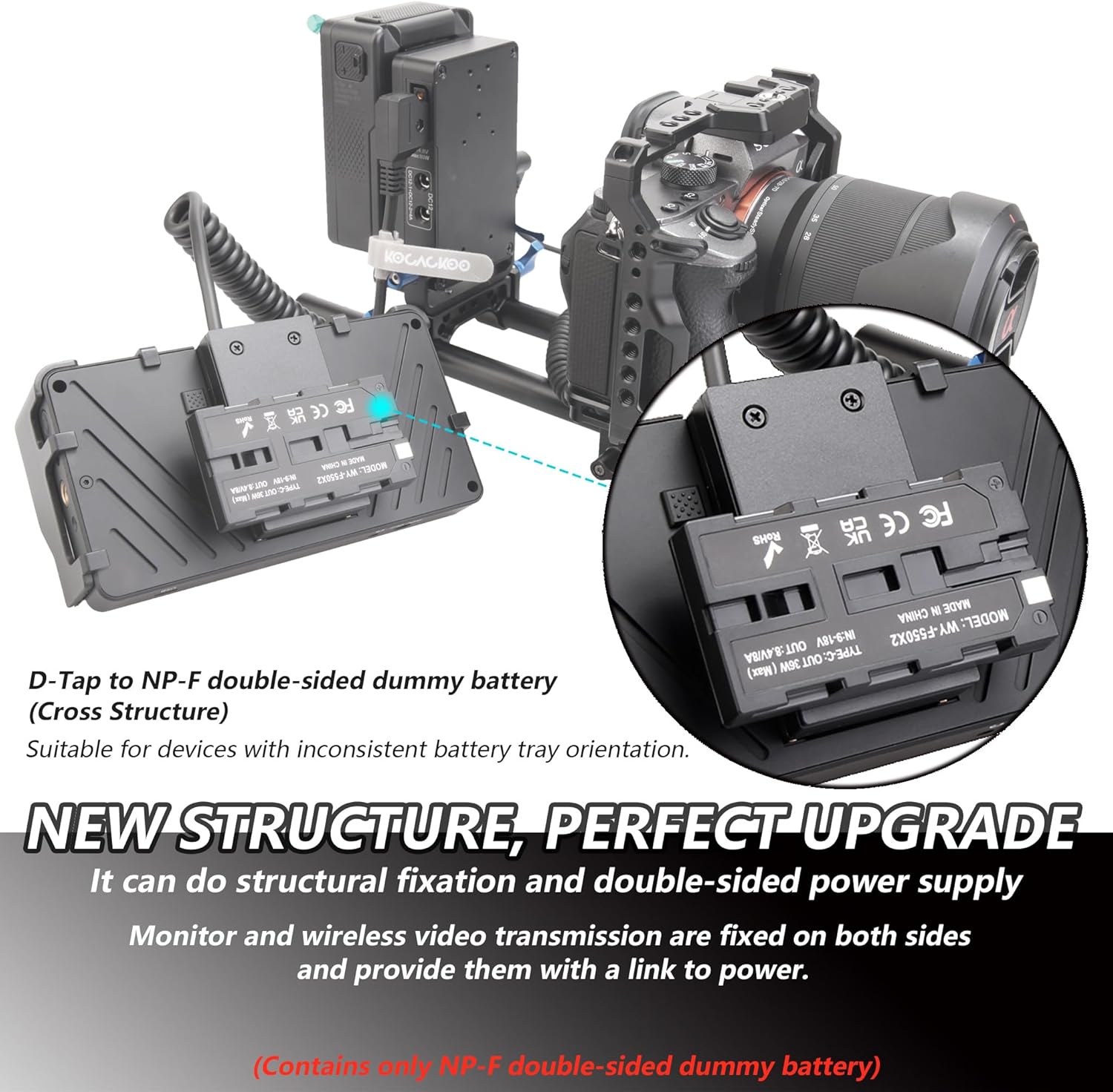 D-Tap Ptap to Double-Sided NP-F550/970/570/770 Dummy Battery Power Adapter (Cross Structure) for Field Monitor, Wireless Video Transmission, LED Light, Camera.