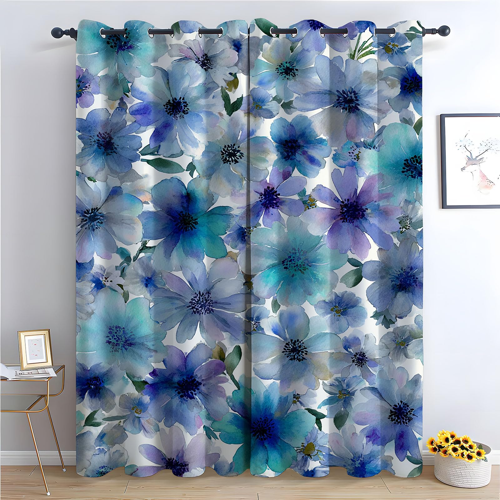 TERUEA 3D Landscape Scenery Decoration Curtains Soft watercolor blue purple daisy fresh light floral Curtains Spring Garden Landscape-42 W x 72" L (Pack of 2)