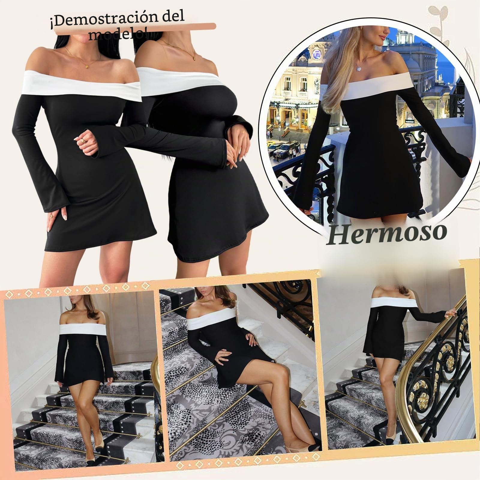 Vestido Mujer Elegante Manga Larga Minivestido Sexy Hombros Descubiertos Vestido Corto Línea A Bloque de Color Vestidos Bodycon Ajustado de Fiesta para Cóctel Noche Clubwear Otoño Invierno