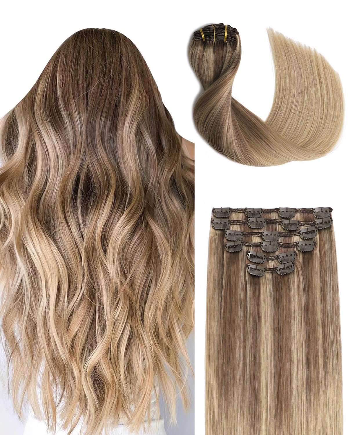 Sindra Extension Clip Cheveux Naturel Brun Doré Mixte Miel Doré 55cm 120g 6pcs Extension Cheveux Naturel Clip Cheveux Humains Vrais Cheveux Extention(C55#10/16/16)