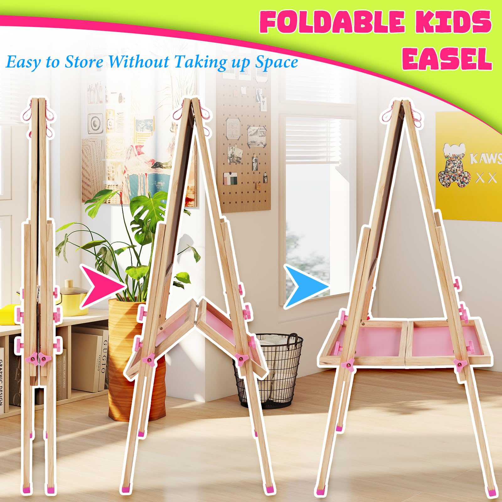 Staffelei Kinder aus Holz,Faltbare Doppelseitige Kunststaffelei für Whiteboard und Kreidetafel,Höhenverstellbar mit Papierrolle, Kreidetafel, Whiteboard, Stift, Reichhaltige Accessoires,Rosa