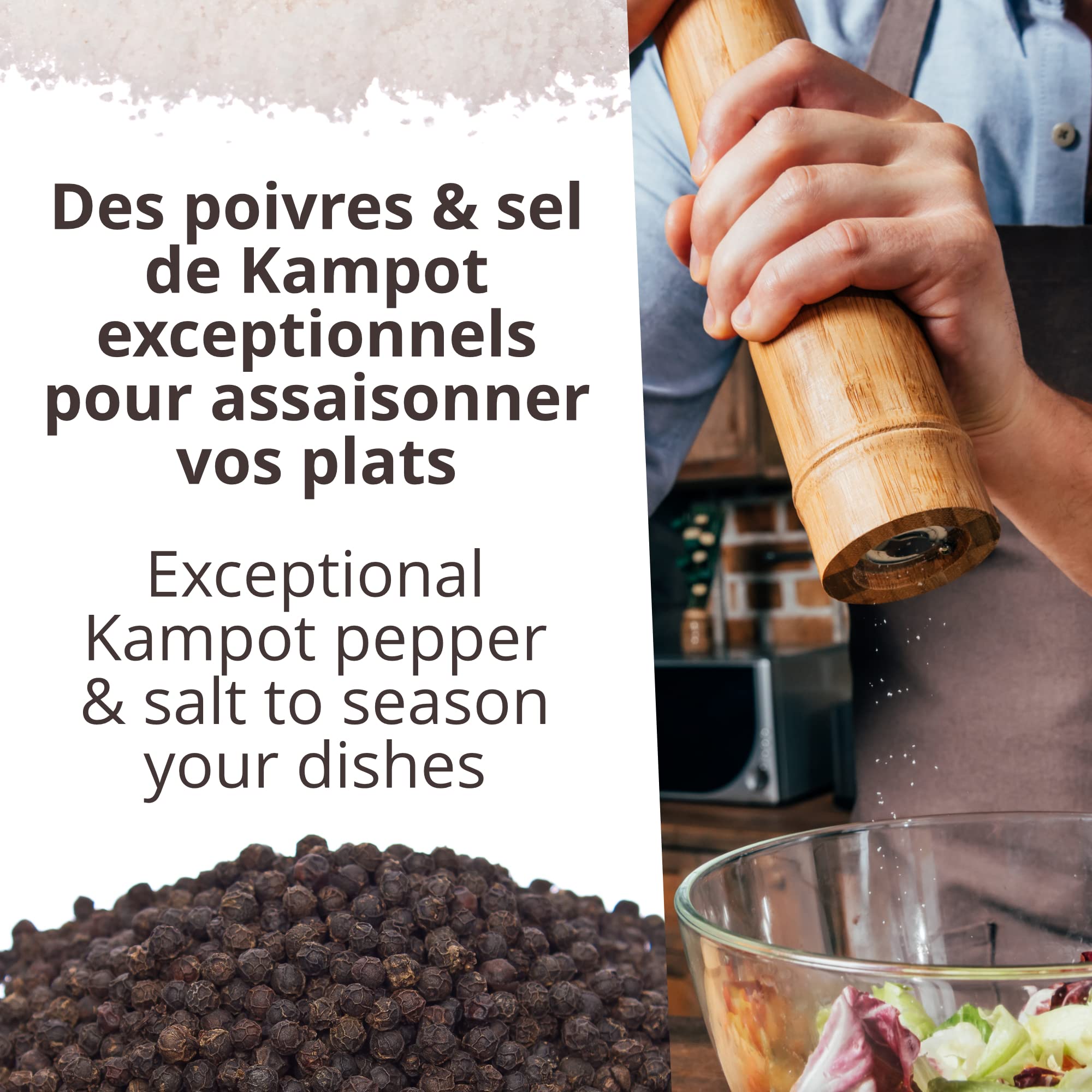 KHLA - Duo Pimienta negra de Kampot y Flor de sal de Kampot - Embalaje Tradicional en Hojas de Palma - 2x 100g
