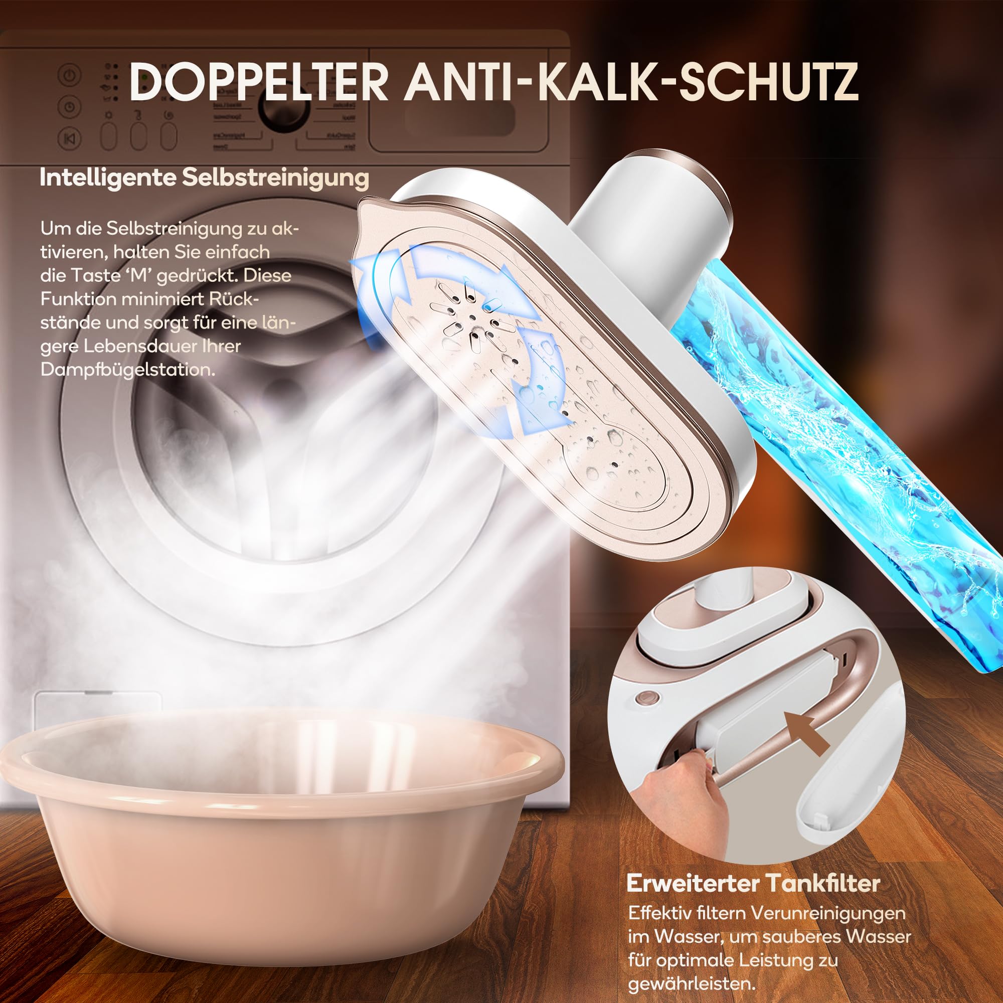 Newbealer Dampfbügelstation, 1600W Bügelstation für Kleidung, 3 Dampfstufen Dampfbügeleisen, 30s Schnelles Aufheizen Bügeleisen, 1,2L abnehmbarer Wassertank, Platzsparendes Design mit Wandmontage,Gold