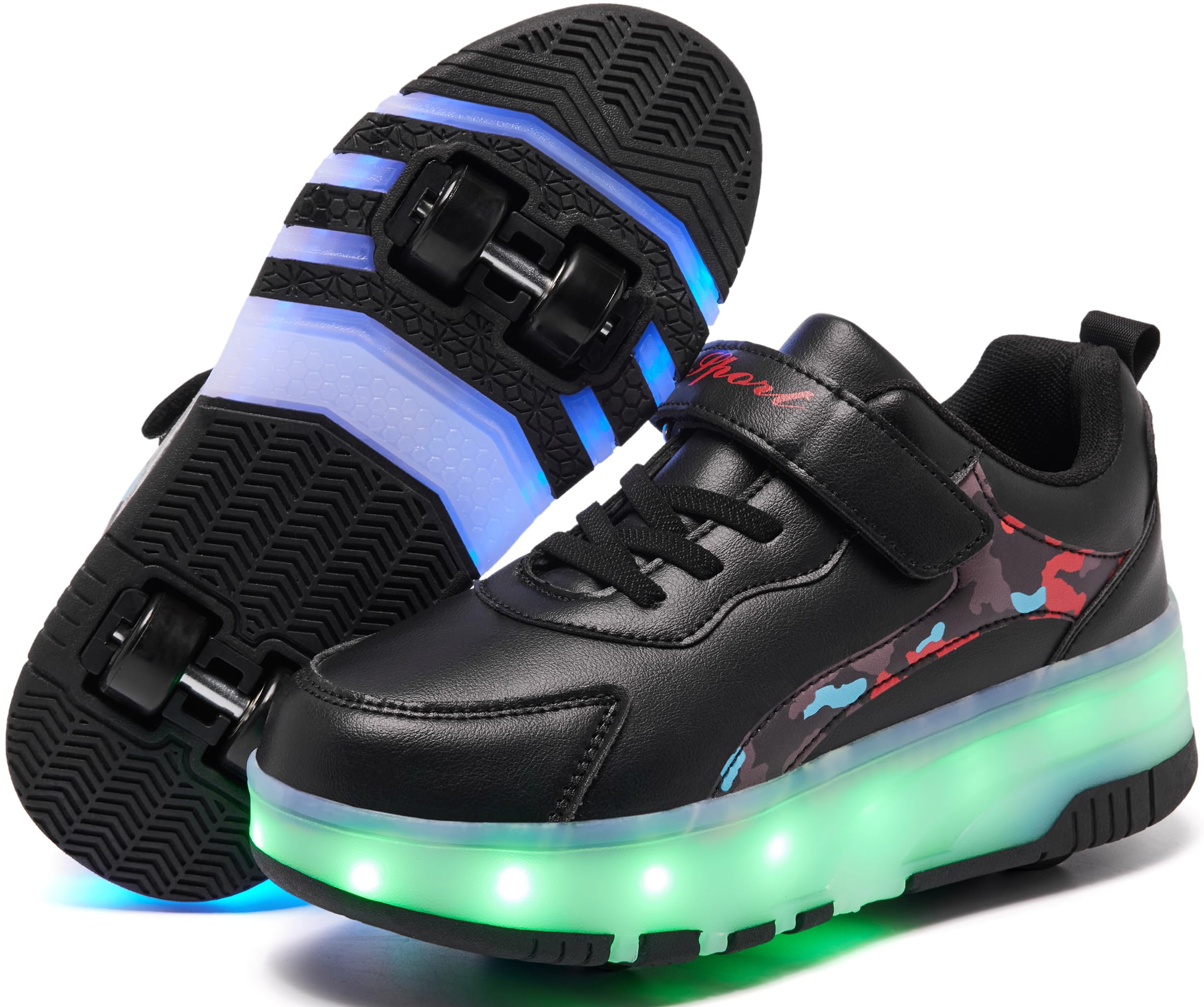 ANEFUN LED Roller Skates Shoes 4 Wheel Skating for Kids 5-15 Years -12 Light Modes Boys Girls Light Up Sneakers for Birthday
