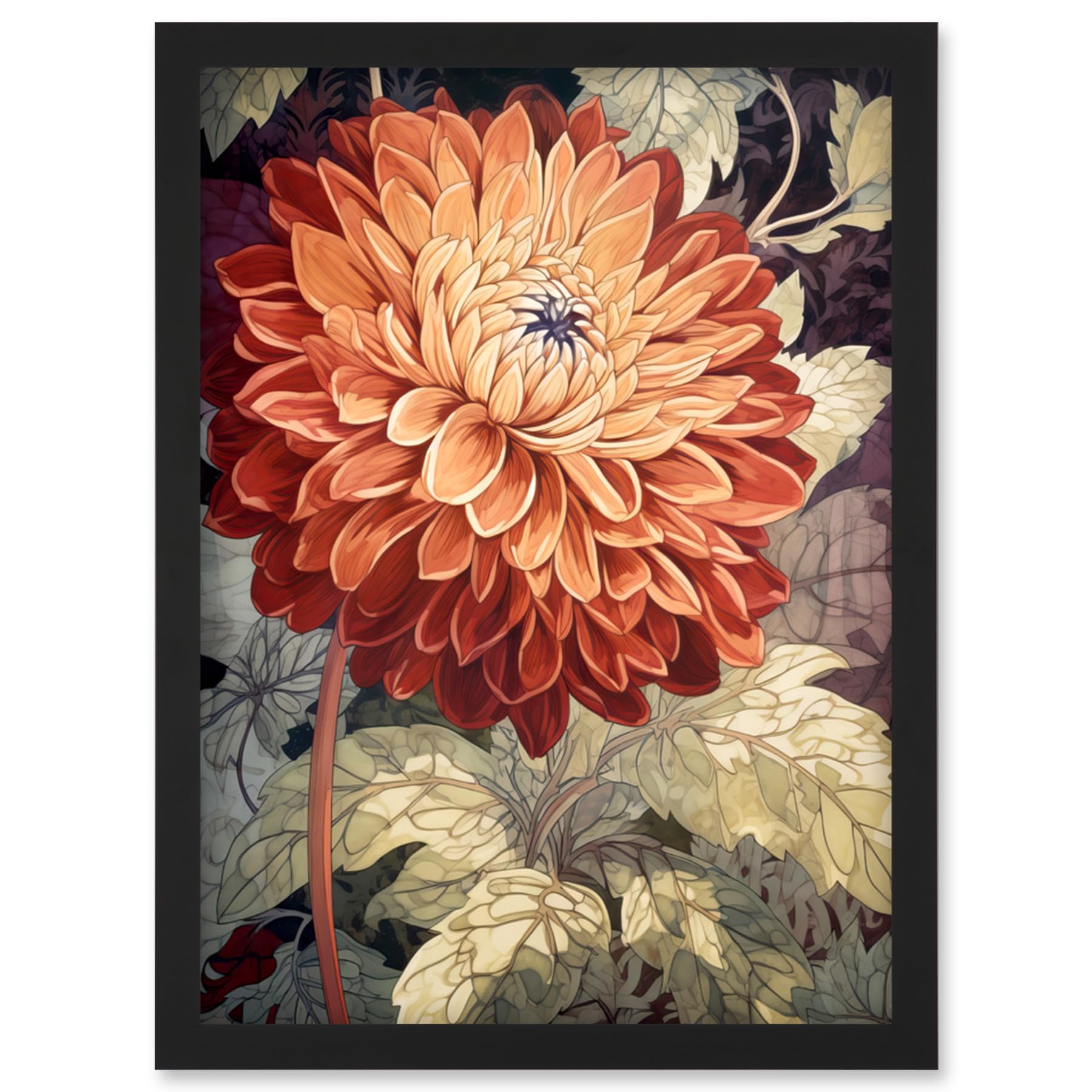 Artery8 Orange Dahlia Flower Watercolour Illustration Artwork Framed Wall Art Print A4