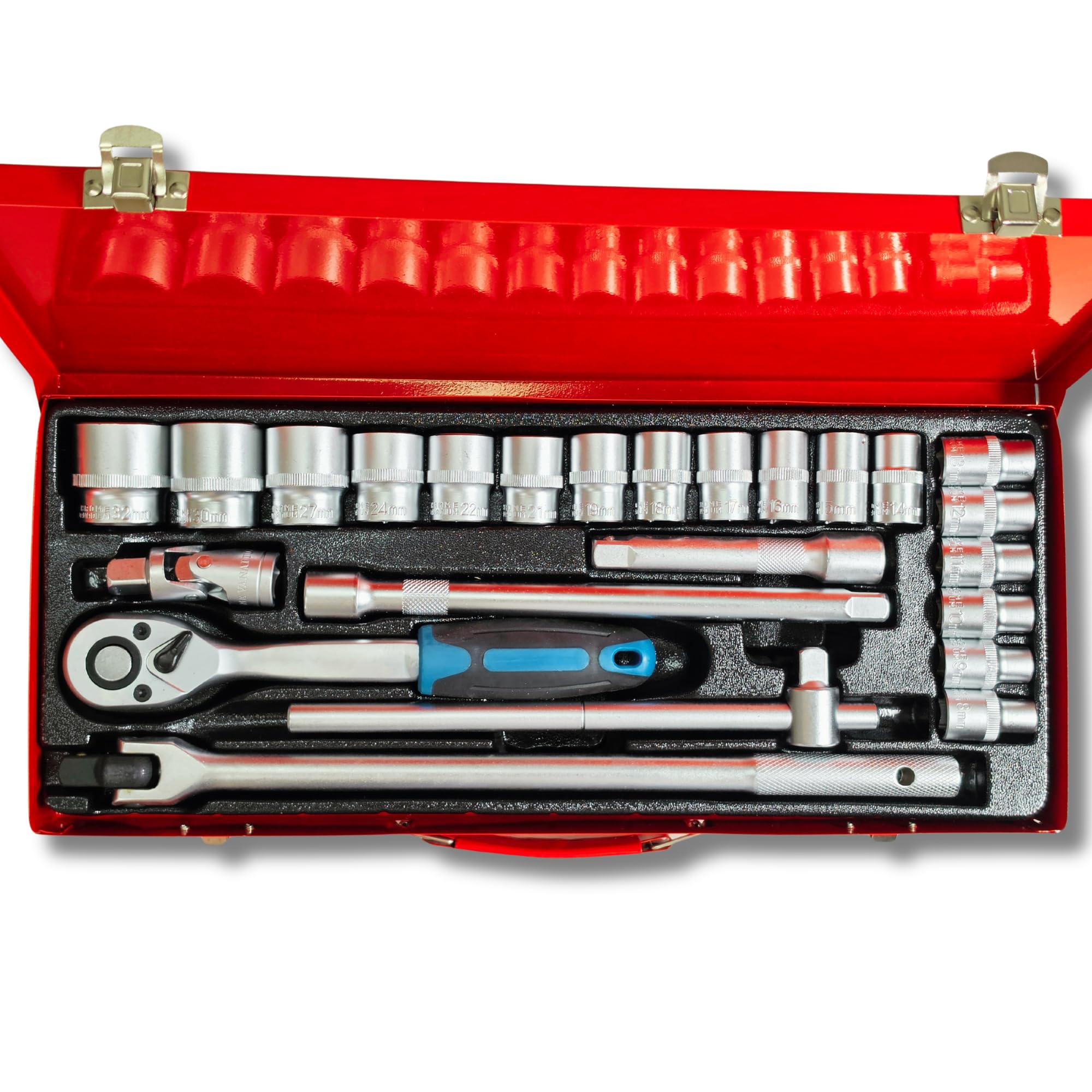 Estuche Metálico Carraca 1/2” 24 Piezas con Vasos 8–32 mm Extensores Maneral Llave T y Rótula - Acero CRV