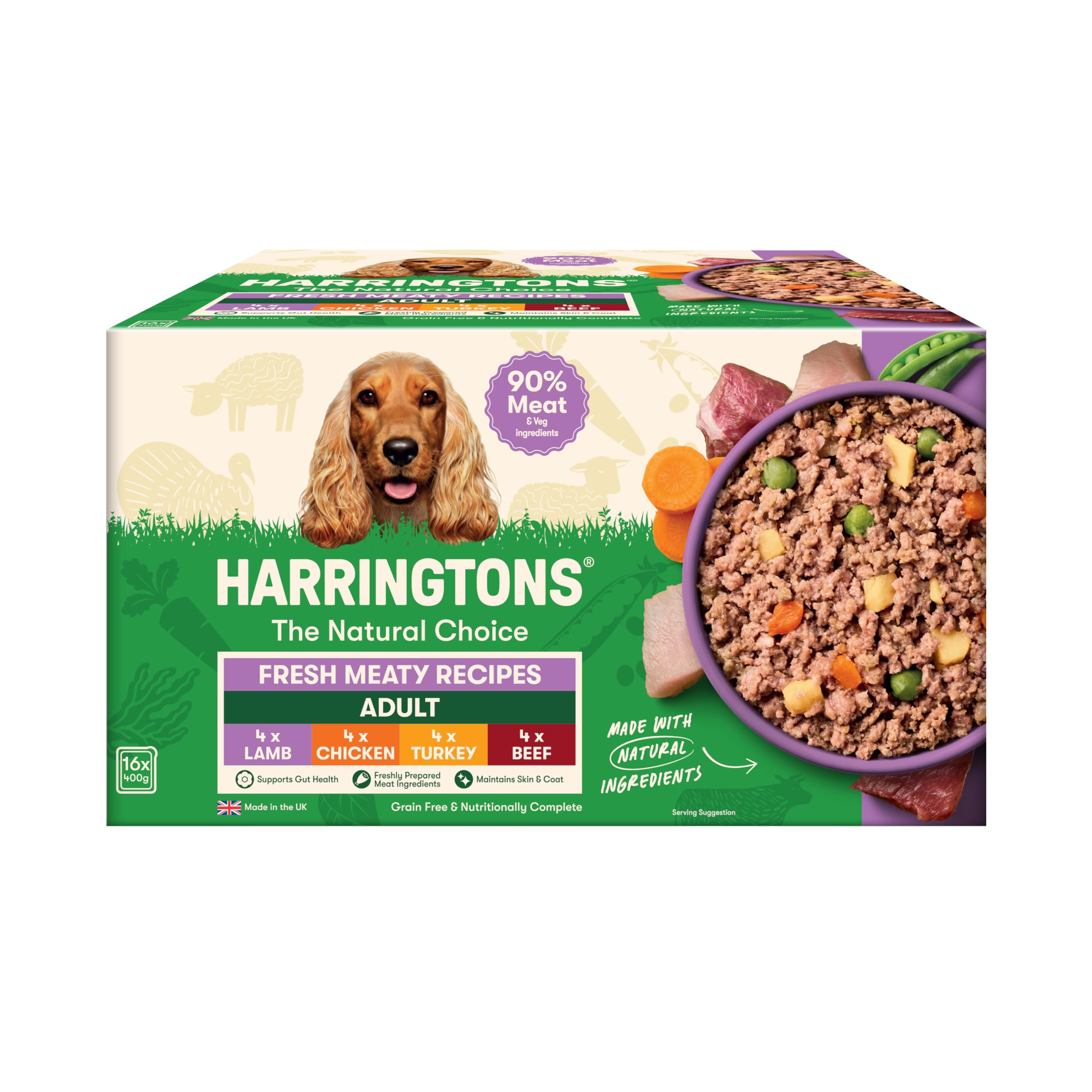 Harringtons complete wet tray grain free hypoallergenic adult dog food meaty bumper pack 16x400g - chicken, lamb, beef & turkey - made with all natural ingredients (package may vary)