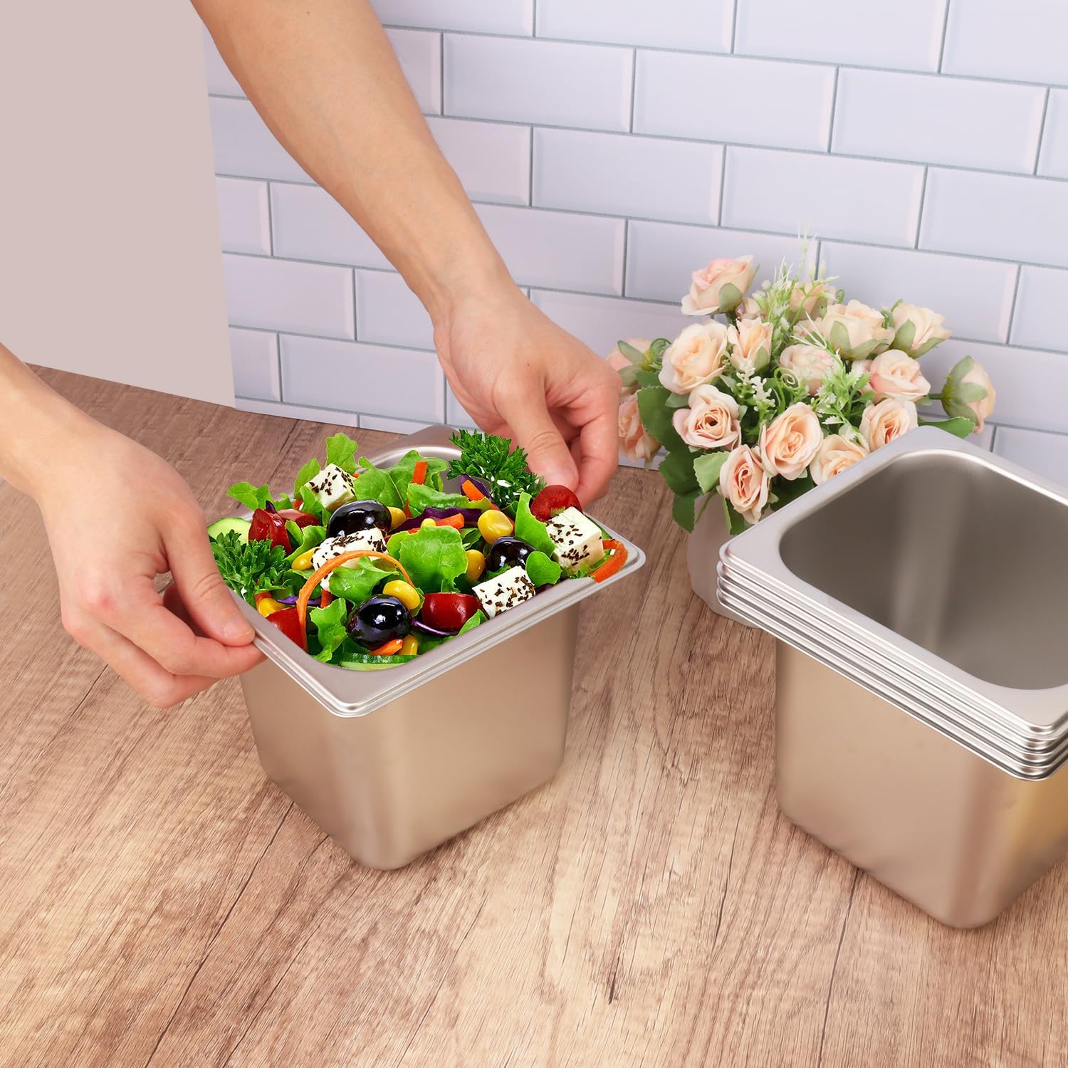 5 Pack, 1/6 Size Stainless Steel Steam Table Pan with Lid, 6 Inch Depth Hotel Pans for Weddings, Parties, Restaurants, Cafeterias and Hotels