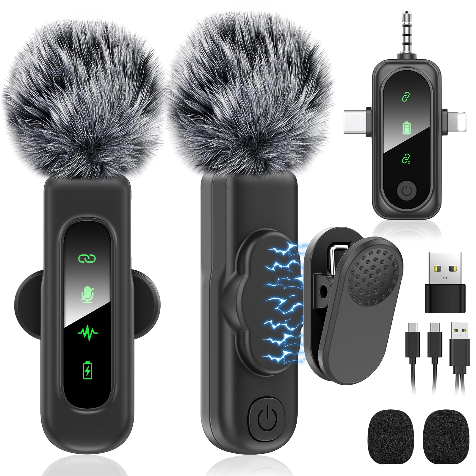 3 in 1 Wireless Lavalier Microphones for iPhone/Android/Camera Devices，2 Pack Magnetic Lavalier Mic ,Mini Microphone with Mute/Reverb/Noise Reduction for YouTube/Vlog/TikTok Podcast Content Creator