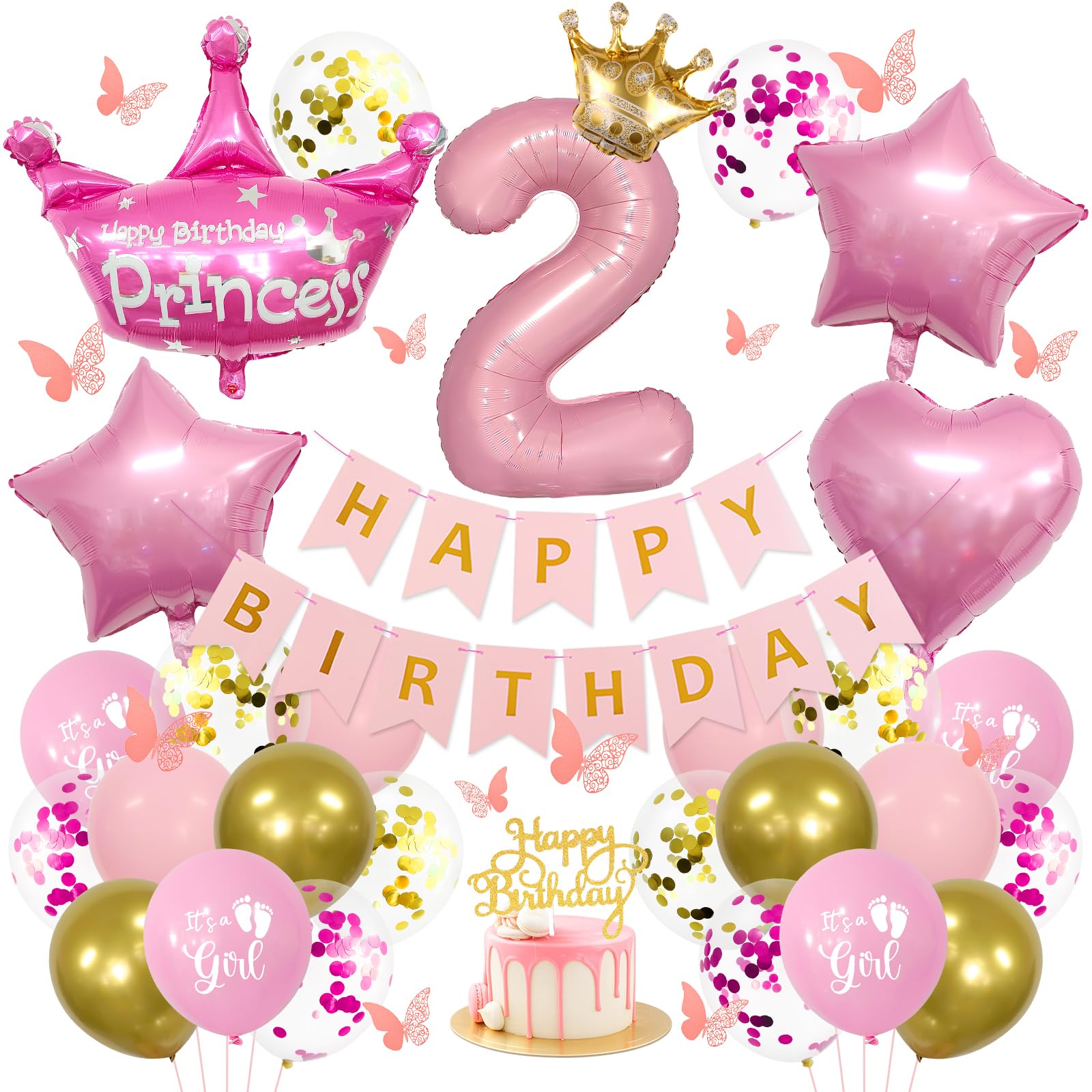 2nd Birthday Decorations for Girls - Pink Princess Balloons Set