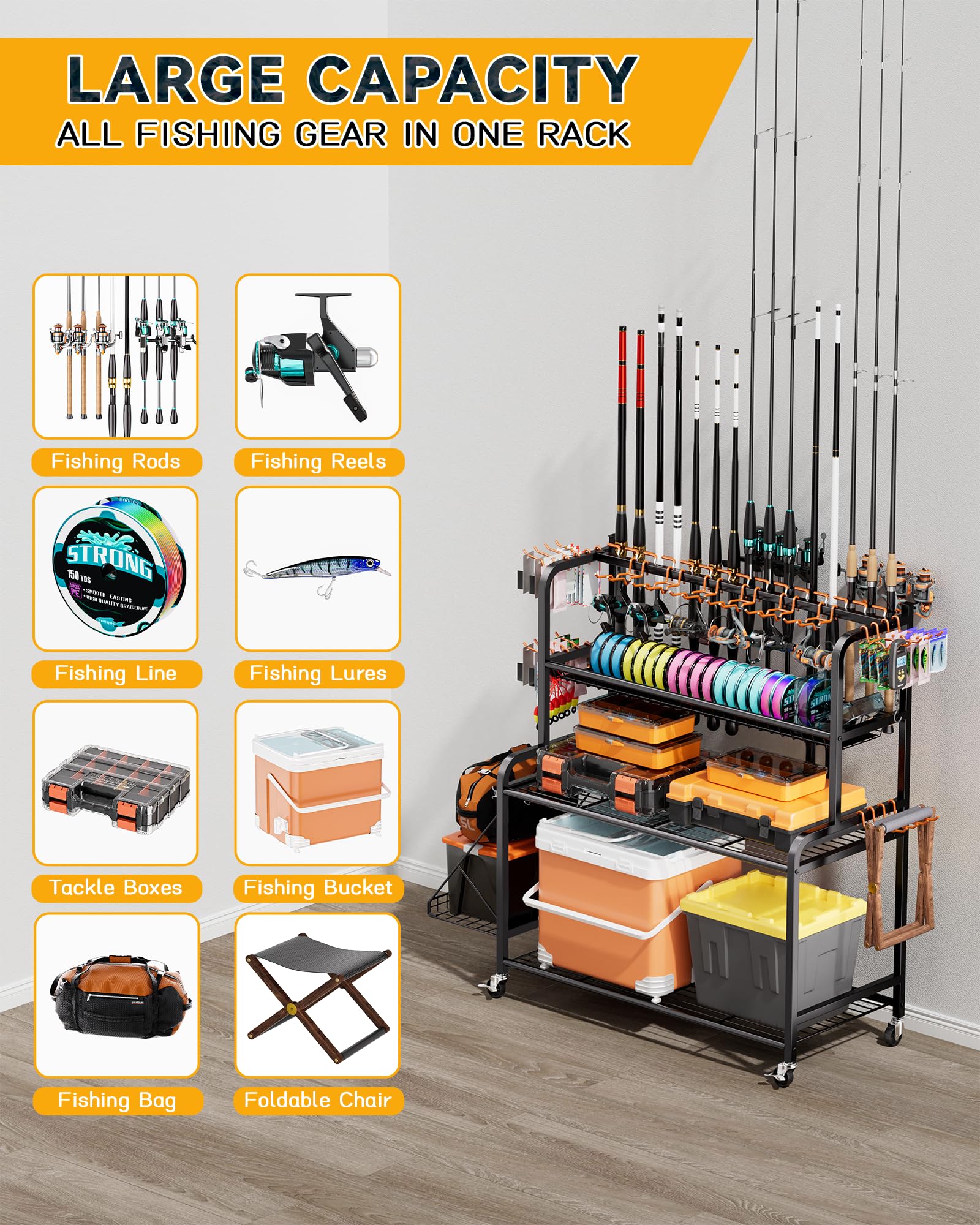 ANYHALO Fishing Rod Holder with 15-Pole Rack 3-Tier Fishing Cart for Fishing Accessories and Gear Storage, Perfect Fishing Pole Holders for Garage, Home or Shed, Ideal Fishing Gift for Men and savior