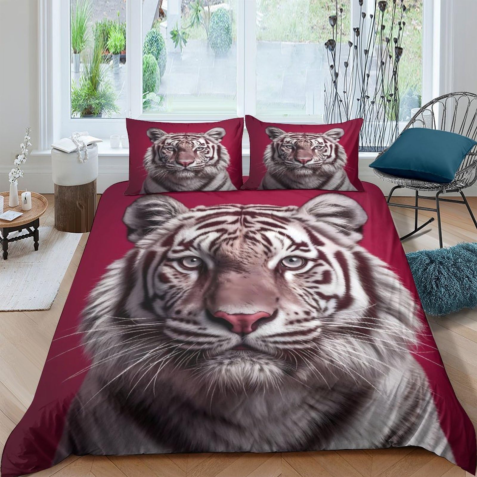 P5V6M1Q9 3D Printed White Tiger Duvet Cover Microfiber Soft Maroon Animal Face Bedding Set with 2 Pillowcases for Bedroom Decor Single（135x200cm）