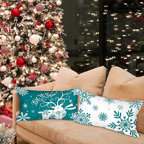 Vista 77 de Lanpn Juego de 4 fundas decorativas de almohada navideñas de 18 x 18 pulgadas, color blanco y verde azulado de 18 pulgadas, funda de cojín