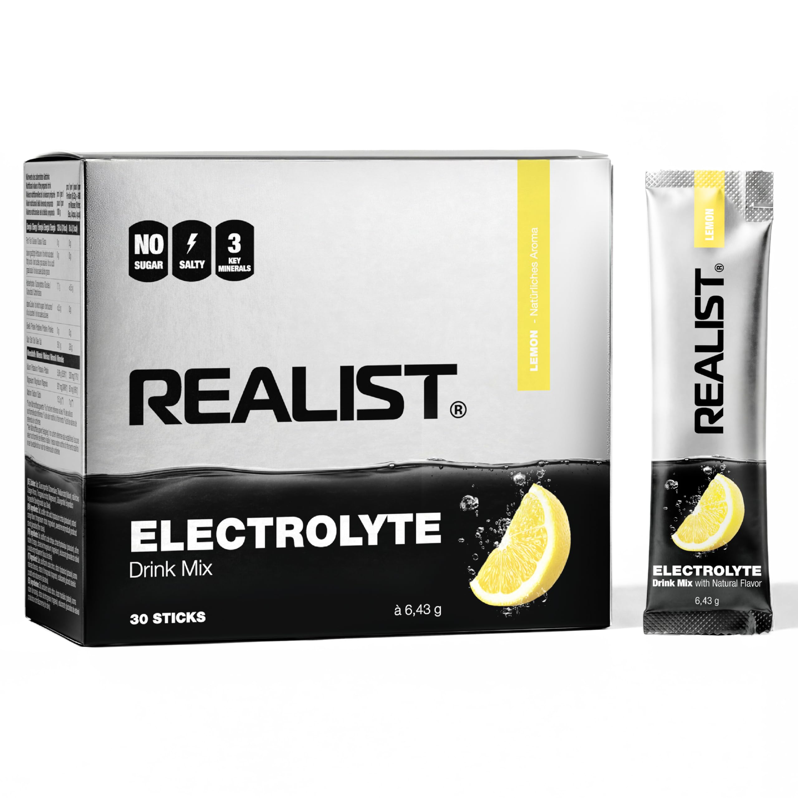 REALIST Electrolytes sans sucre [30 STICKS] Electrolytes Sugar Free, Poudre d'électrolyte Sport & KETO - 1000 mg de sodium, 330 mg de potassium, 60 mg de magnésium - Hydration rapide, fabriqué en