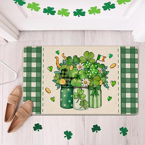 Miniatura 2 de Tailus Tapete decorativo con tarro de masón del día de San Patricio, tapete de trébol a cuadros, tapete antideslizante para interiores y exteriores,