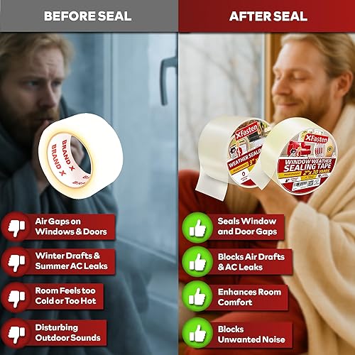 XFasten Transparent Window Weather Sealing Tape, 2-Inch x 30 Yards (50.8mm x 27.43m), Clear Window Draft Isolation Sealing Film Tape, No Residue(Clear,2" x 30Yds 3PK)