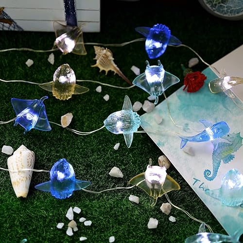 Miniatura 4 de Guirnalda de luces decorativas con temática del océano, con diseño de vida marina, beluga, ballena, tiburón, pez sol, manta raya, 10 pies, 30 luces