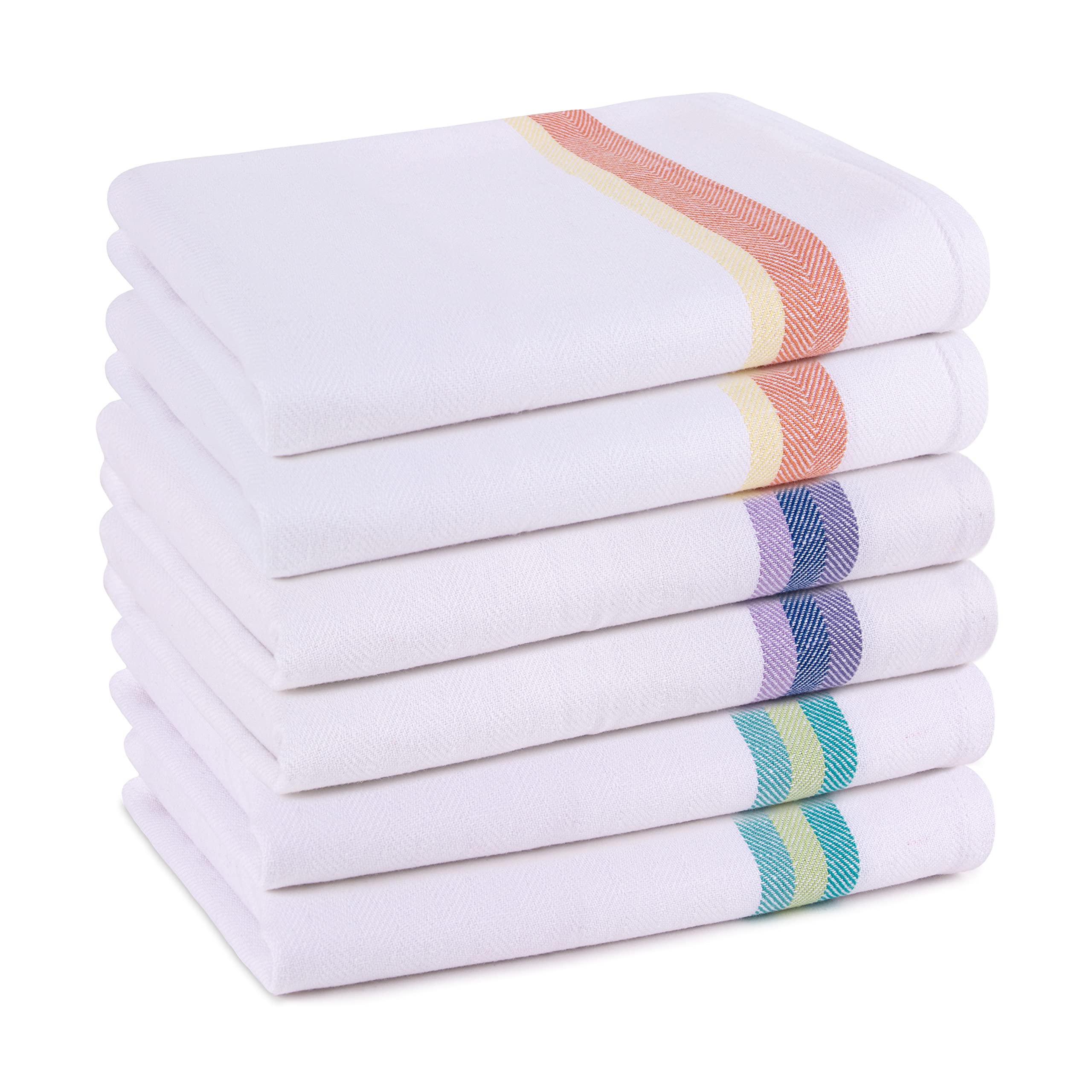 Pagnanno. Tea Towels, Soft and Absorbent – Multi Pack of Large Classic Herringbone Weave, Lint Free, Cotton Kitchen Dish Towels 45x70 cm in White with blue, green and orange stripes (Assorted, 6)