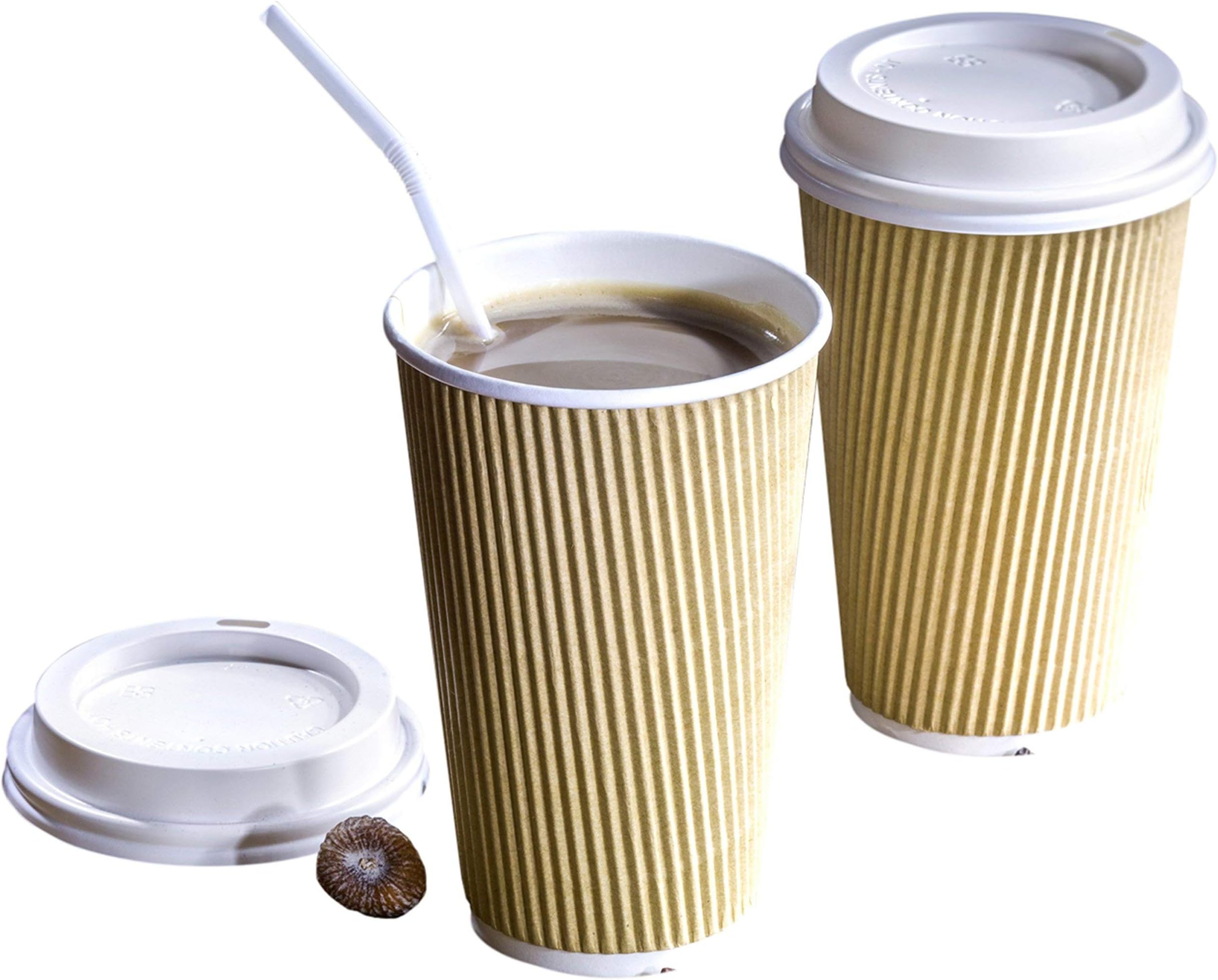 HARVEST PACK 16 oz Insulated Ripple Double-Walled Paper Cup with Lid, Kraft, Coffee Tea Hot Chocolate Drinks To-go [500 SETS]