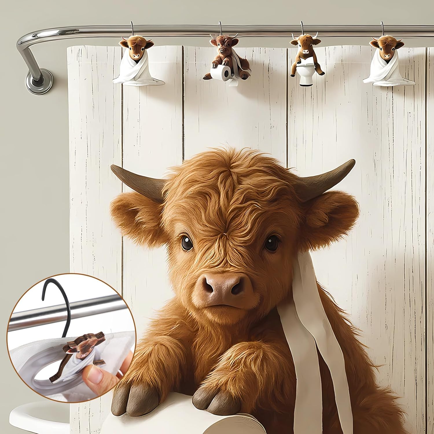 Sawysine 12 Pcs Highland Cow Shower Curtain Hooks Set Wood Decorative Highland Cow Bathroom Decor Rustic Farmhouse Western Cute Shower Curtain Hangers for Bathroom Bedroom Living Room