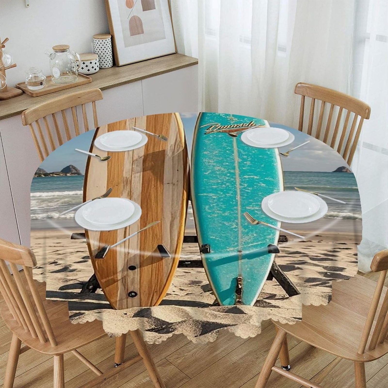 FekiLoot Vintage Turquoise Wood Surfboard Round Tablecloth 60 Inch Waterproof Heavy Duty Table Cloth Spillproof Washable Table Cover Wrinkle Resistant Tablecloths Decorative Table Cloths